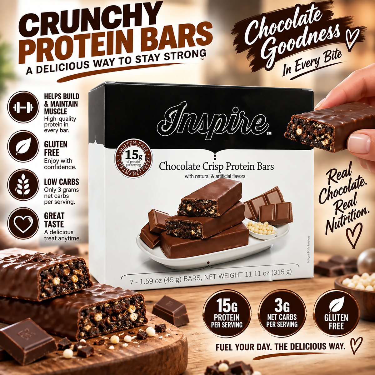 Back of Inspire Chocolate Crisp Protein Bar box showing the Nutrition Facts panel and ingredients list.