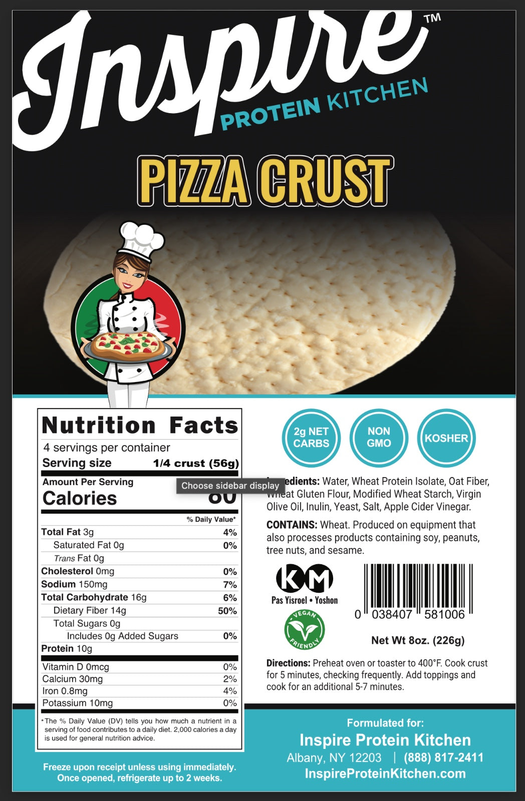 A cartoon chef holds a pizza crust in a kitchen setting, with nutrition facts and ingredient details displayed on the packaging for Inspire Protein Kitchen's pizza crust.