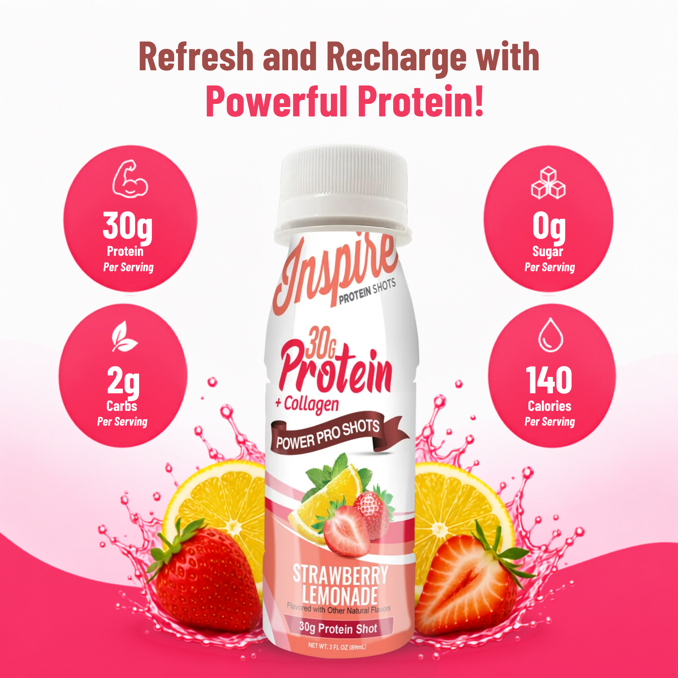 Inspire Strawberry Lemonade Power Shot with 30 grams of protein plus collagen in a 3-fluid-ounce serving.