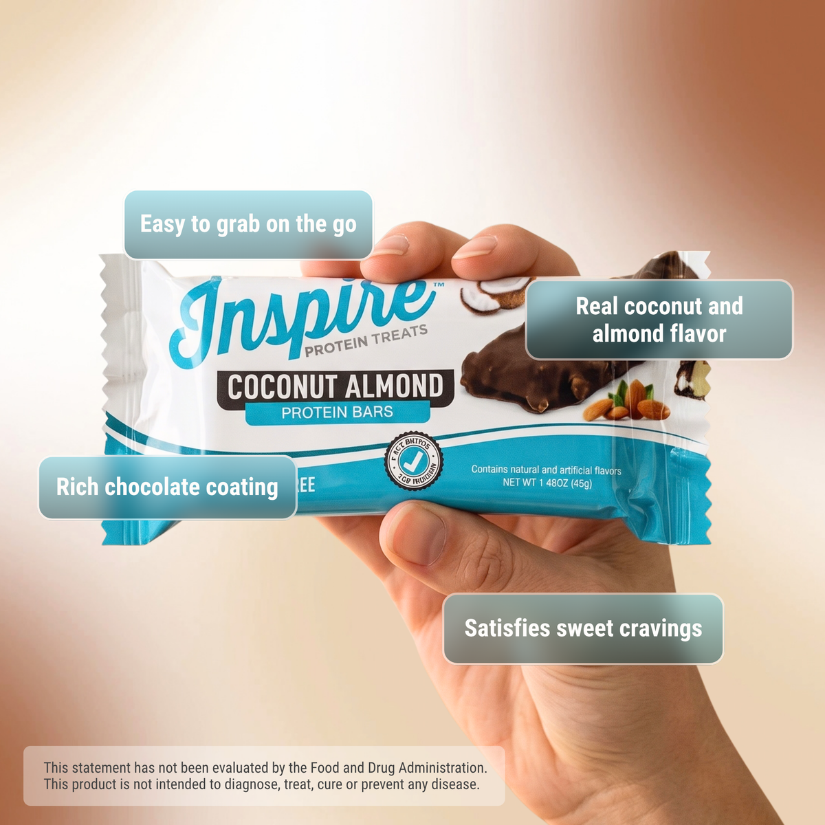 Inspire Coconut Almond Protein Bars with 13 grams of protein per bar. Gluten-free, seven-count package.