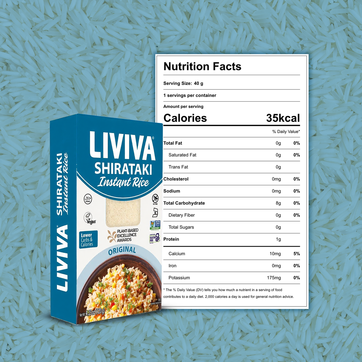 LIVIVA Original Shirataki Instant Rice, a lower-carb, lower-calorie rice alternative that is vegan, gluten-free, soy-free and non-GMO.
