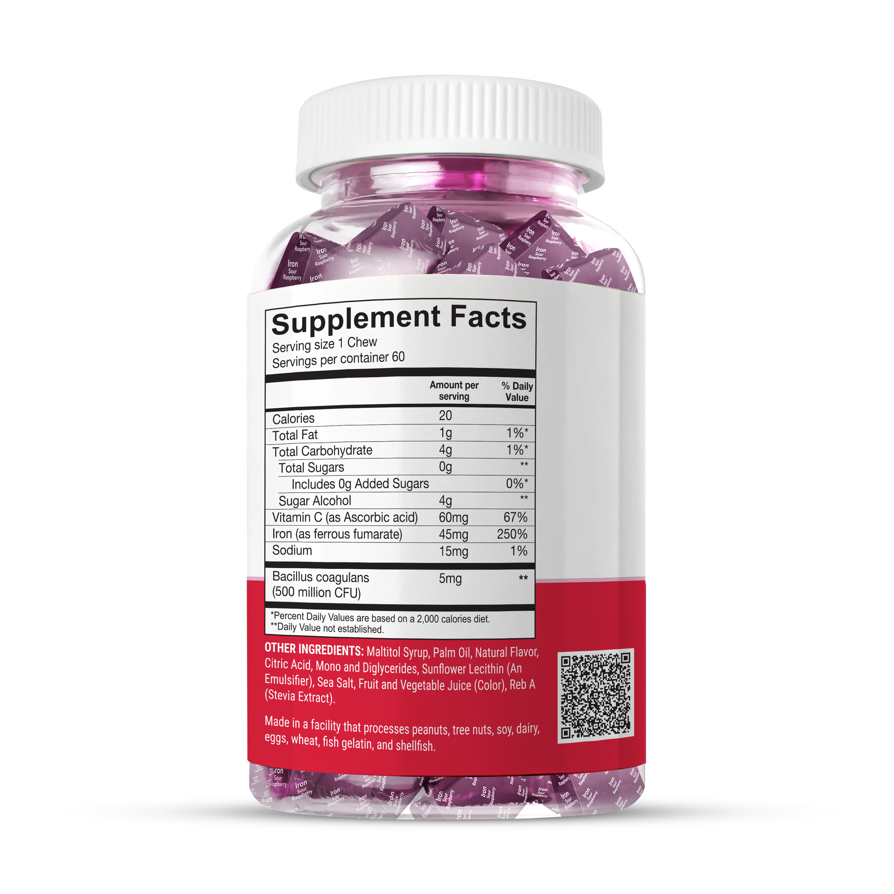 BariatricPal Sour Raspberry Iron Chews with 45 mg iron, vitamin C and probiotics. Sugar-free, 60-count bottle showing supplement facts.