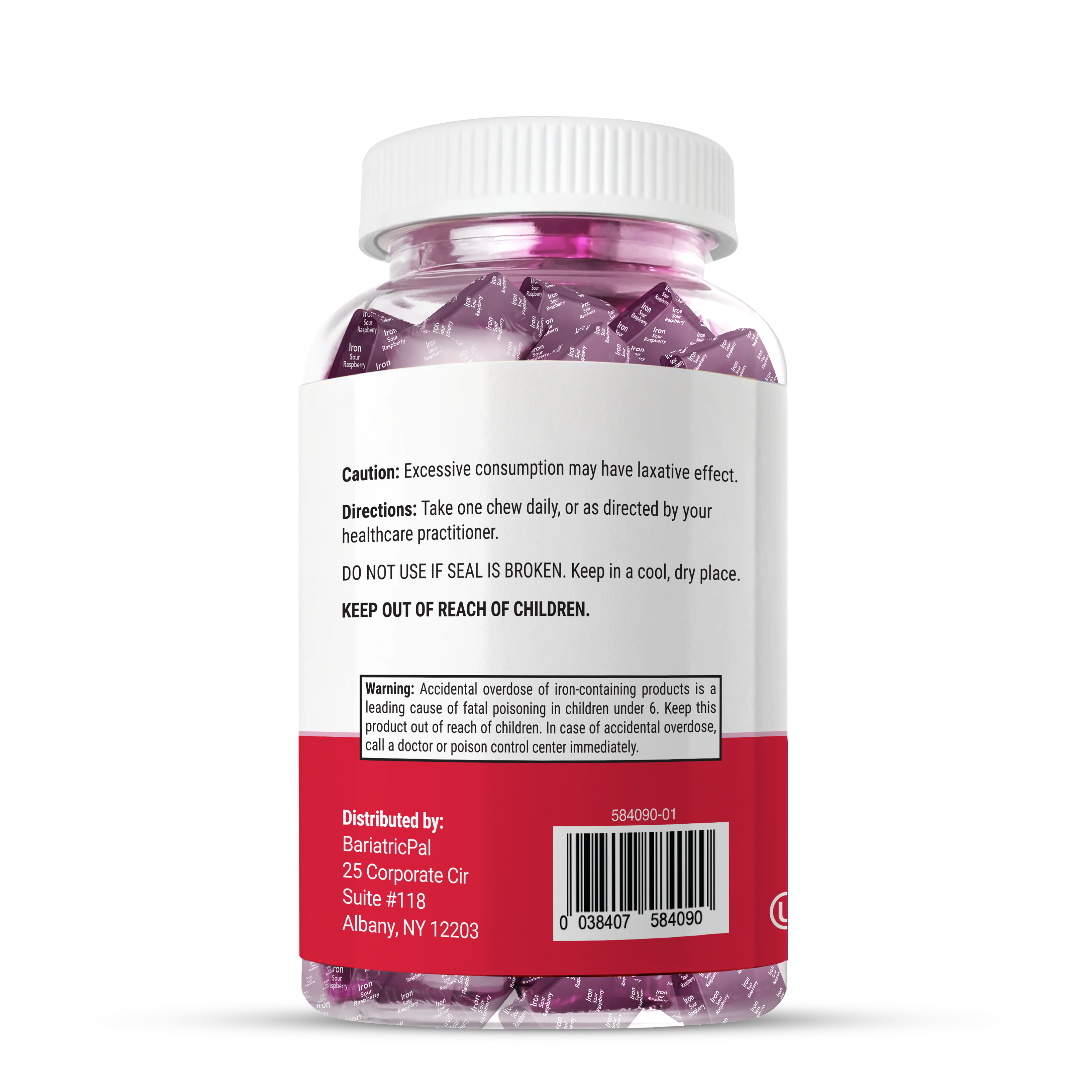 BariatricPal Sour Raspberry Iron Chews with 45 mg iron, vitamin C and probiotics. Sugar-free, 60-count bottle with suggested use.