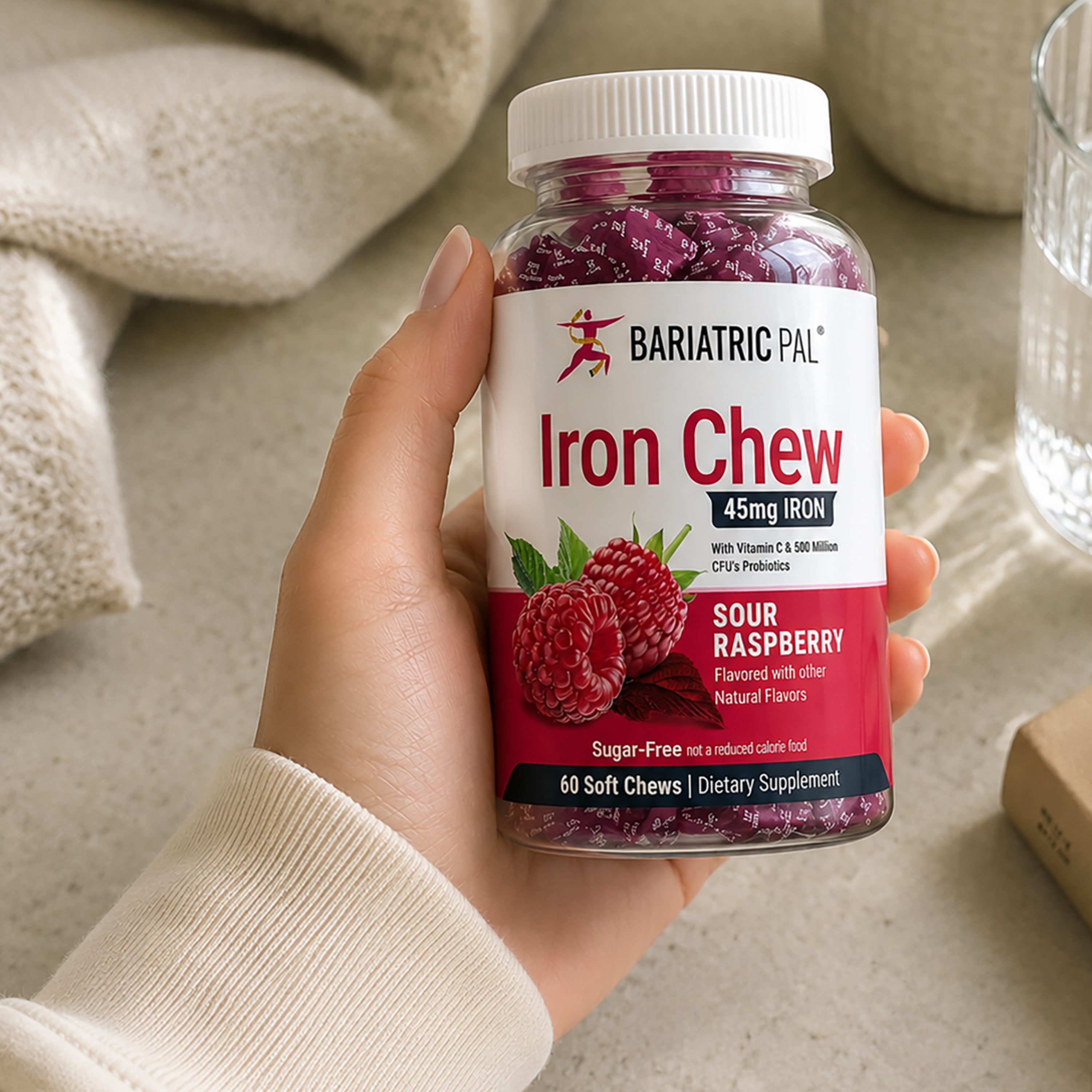 BariatricPal Sour Raspberry Iron Chews with 45 mg iron, vitamin C and probiotics. Sugar-free, 60-count bottle.