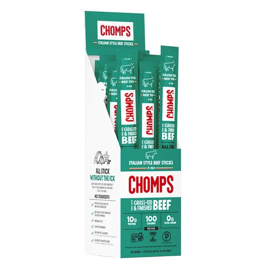 A display box of CHOMPS Italian style beef sticks, featuring multiple individually packaged sticks with labels highlighting grass-fed beef, high protein, and no added sugars.