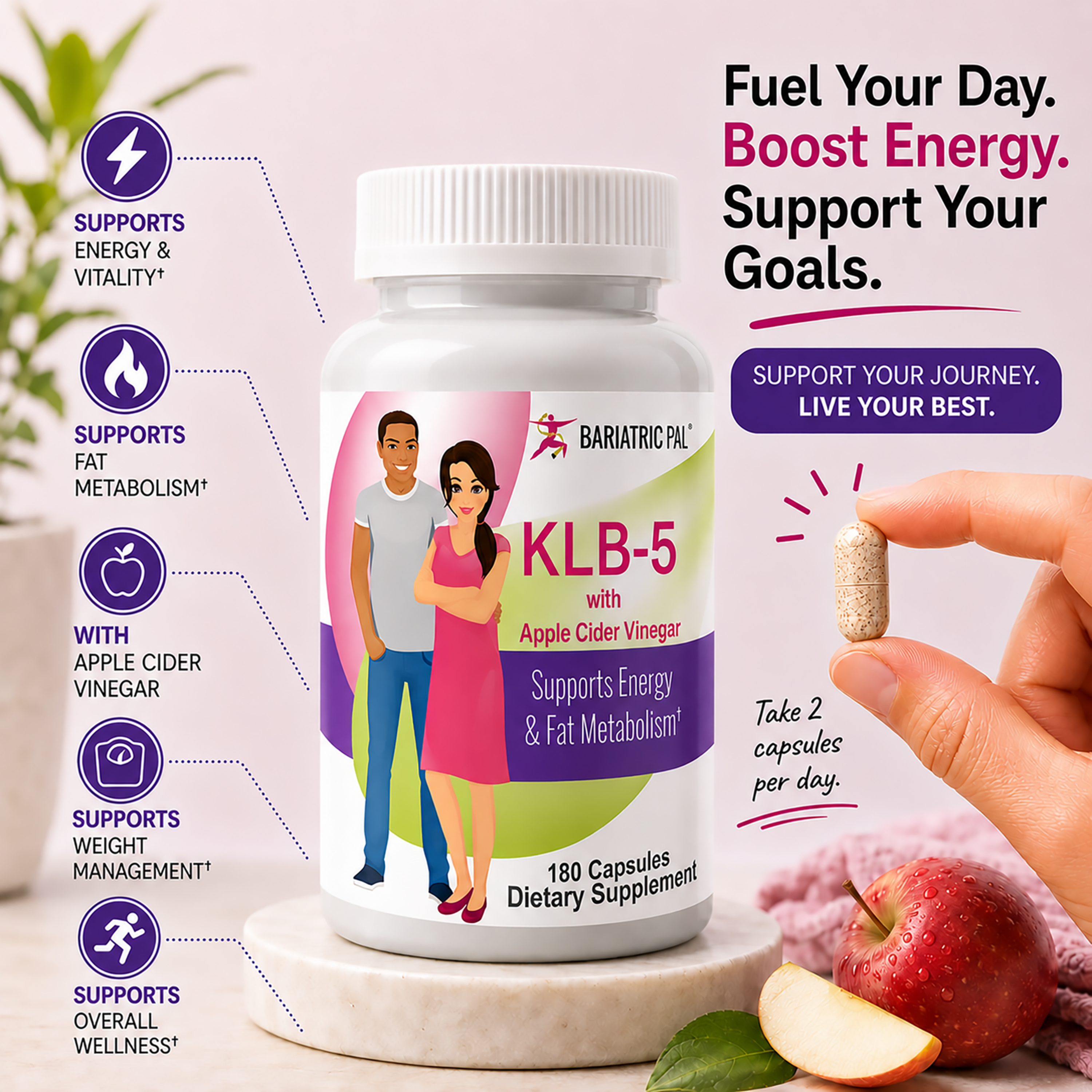 Bottle of BariatricPal KLB‑5 with Apple Cider Vinegar on a surface beside an apple and sliced apple pieces. A hand holds one capsule near the bottle.