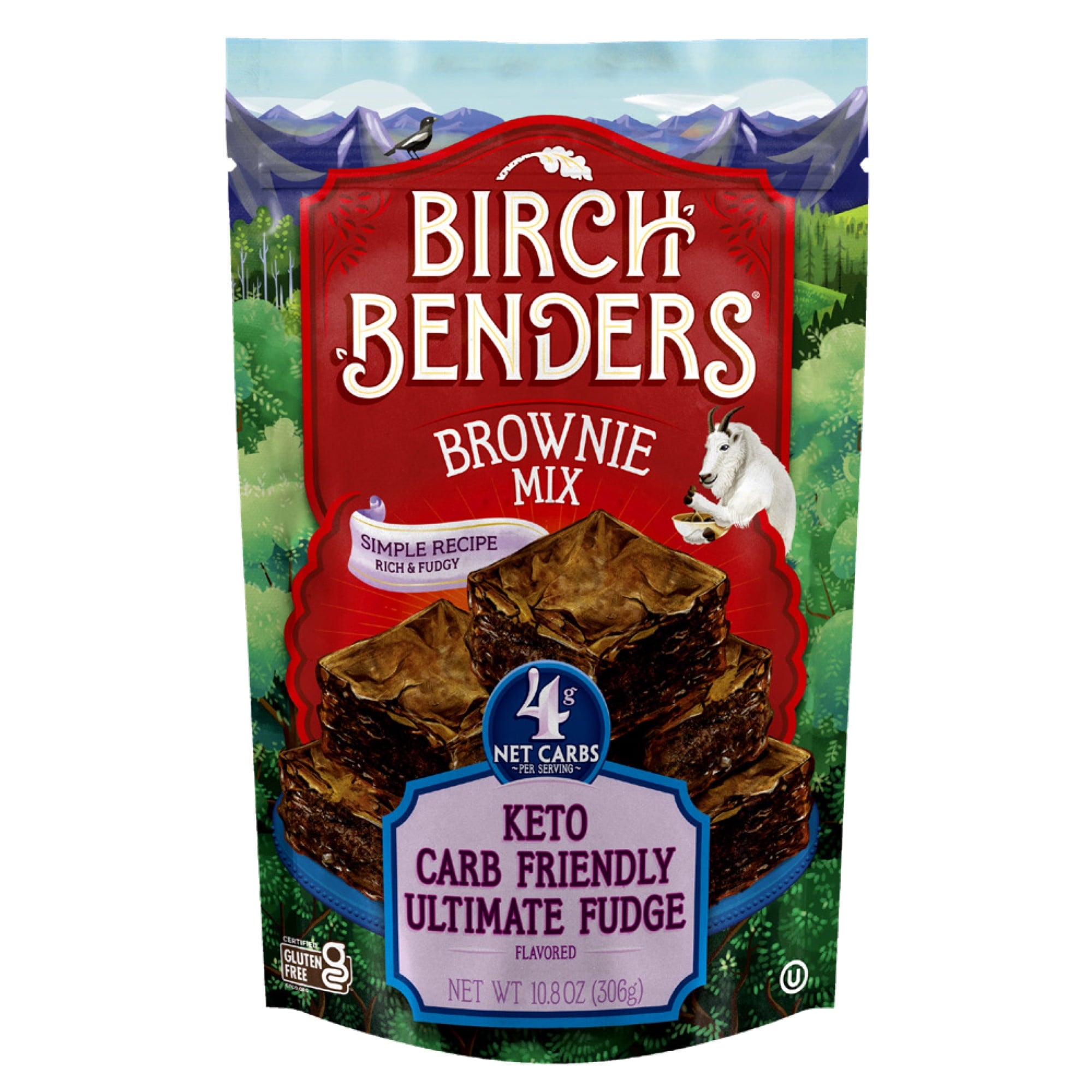 A colorful package of Birch Benders brownie mix features a stack of fudgy brownies, with text highlighting its keto-friendly recipe and low net carbs, set against a nature-inspired background.