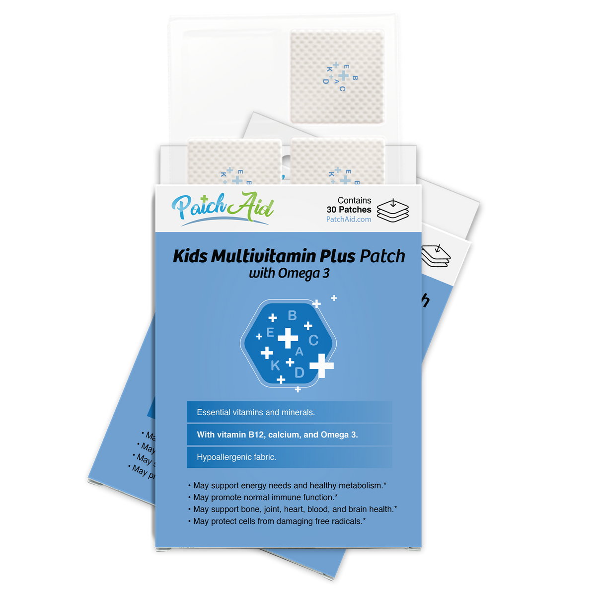 A box of "Kids Multivitamin Plus Patch with Omega 3" displays a colorful design and lists benefits like essential vitamins, minerals, and support for energy and immune function, containing 30 patches.