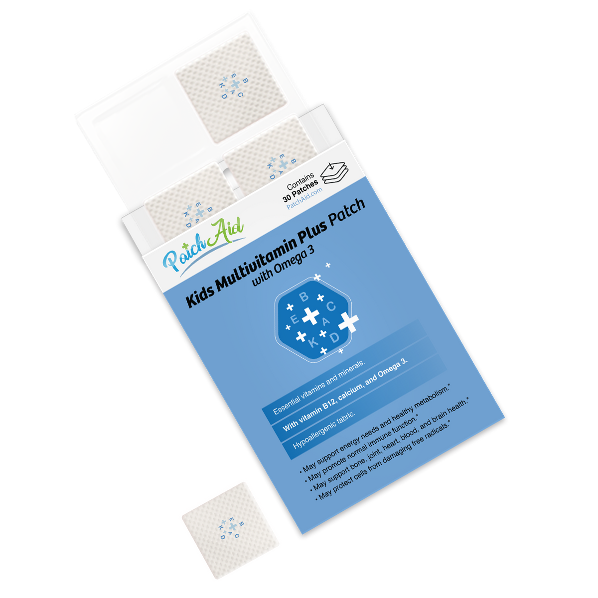 A pack of Kids Multivitamin Plus Patches with Omega 3, featuring a blue background and white patches, highlights essential vitamins and minerals for children's health.