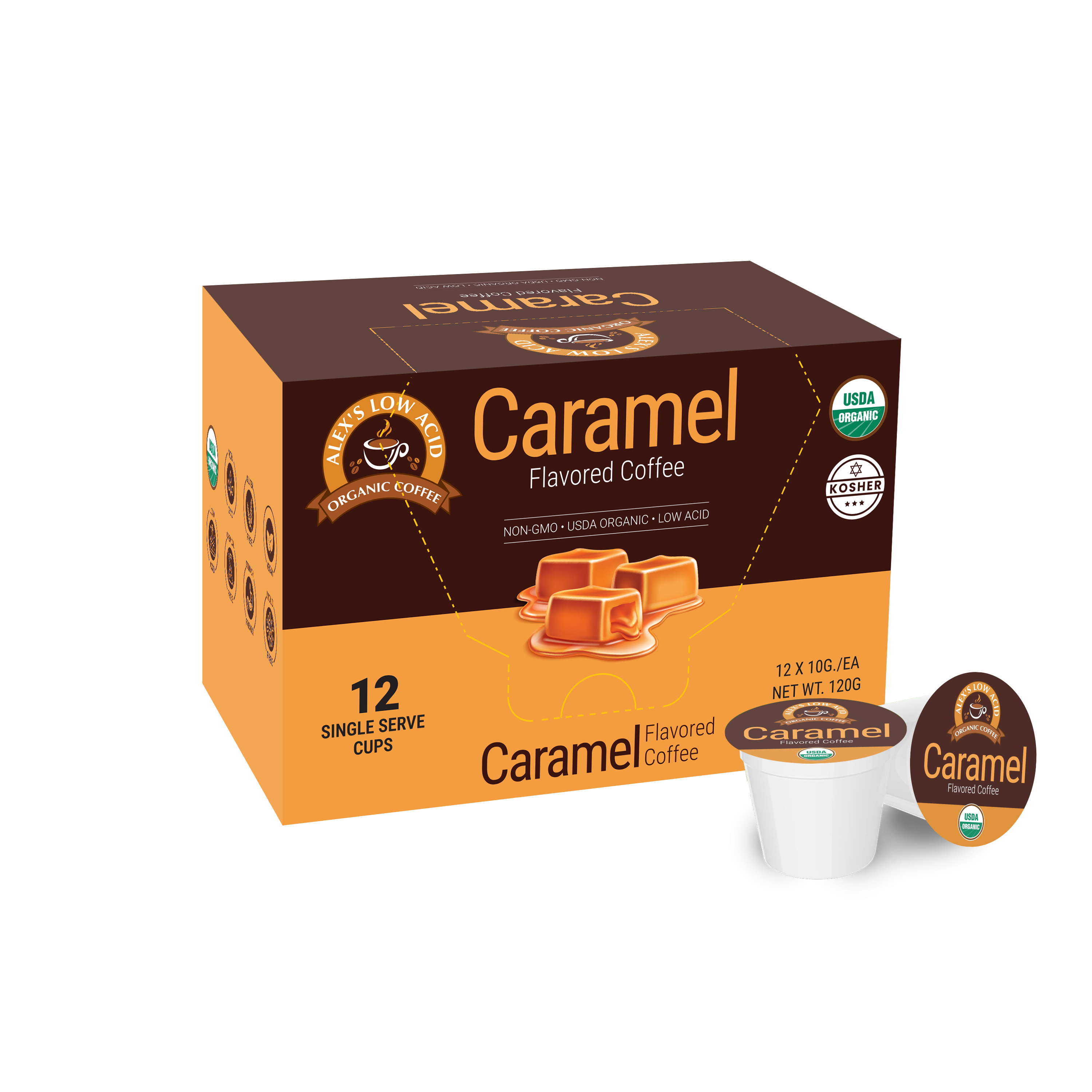 A box of 12 single-serve caramel flavored coffee cups, featuring a caramel candy graphic, labeled as organic, non-GMO, and low acid, with a brown and orange design.