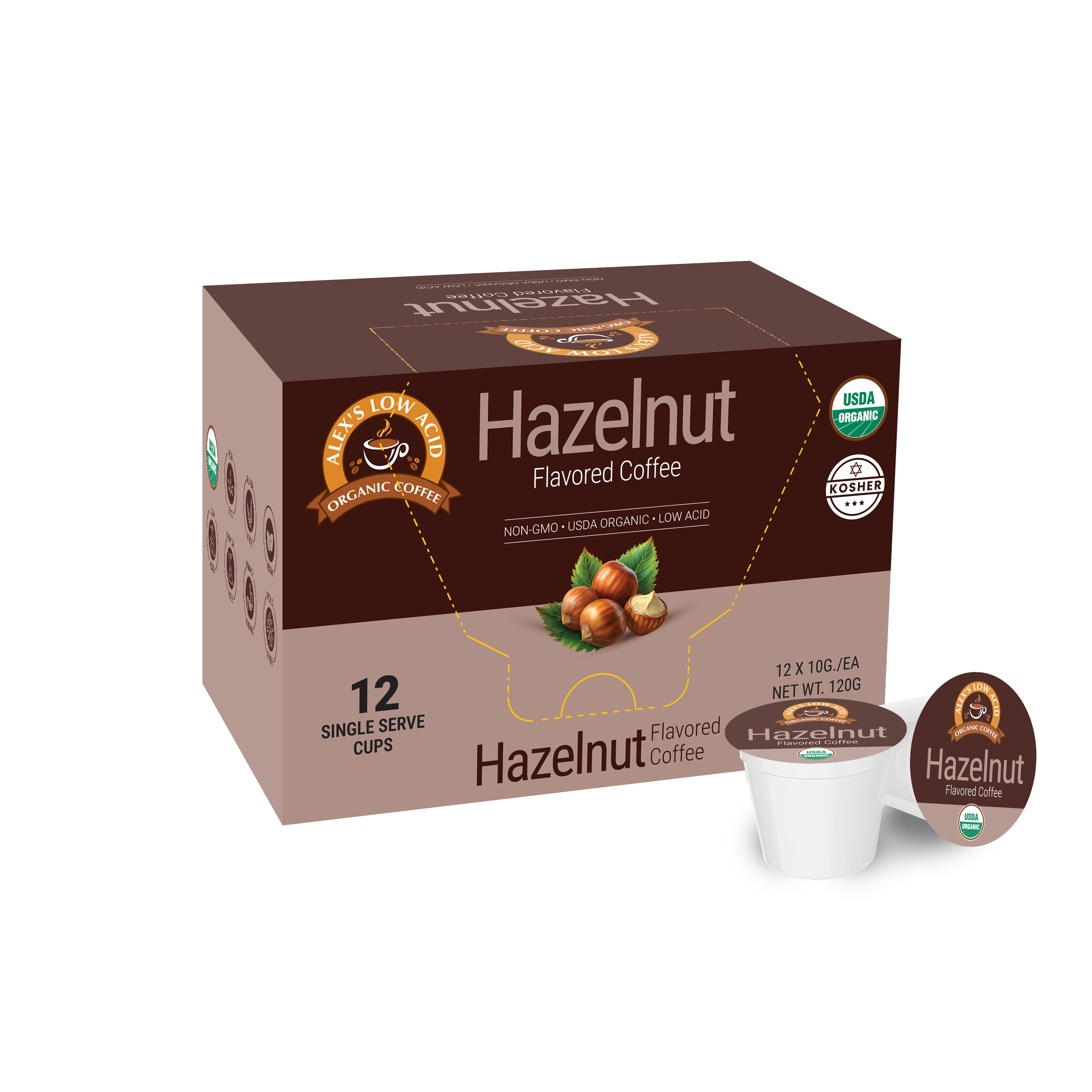 A box of 12 single-serve cups of organic hazelnut flavored coffee, featuring a brown design with hazelnuts and labels indicating it's non-GMO, USDA organic, and low acid.
