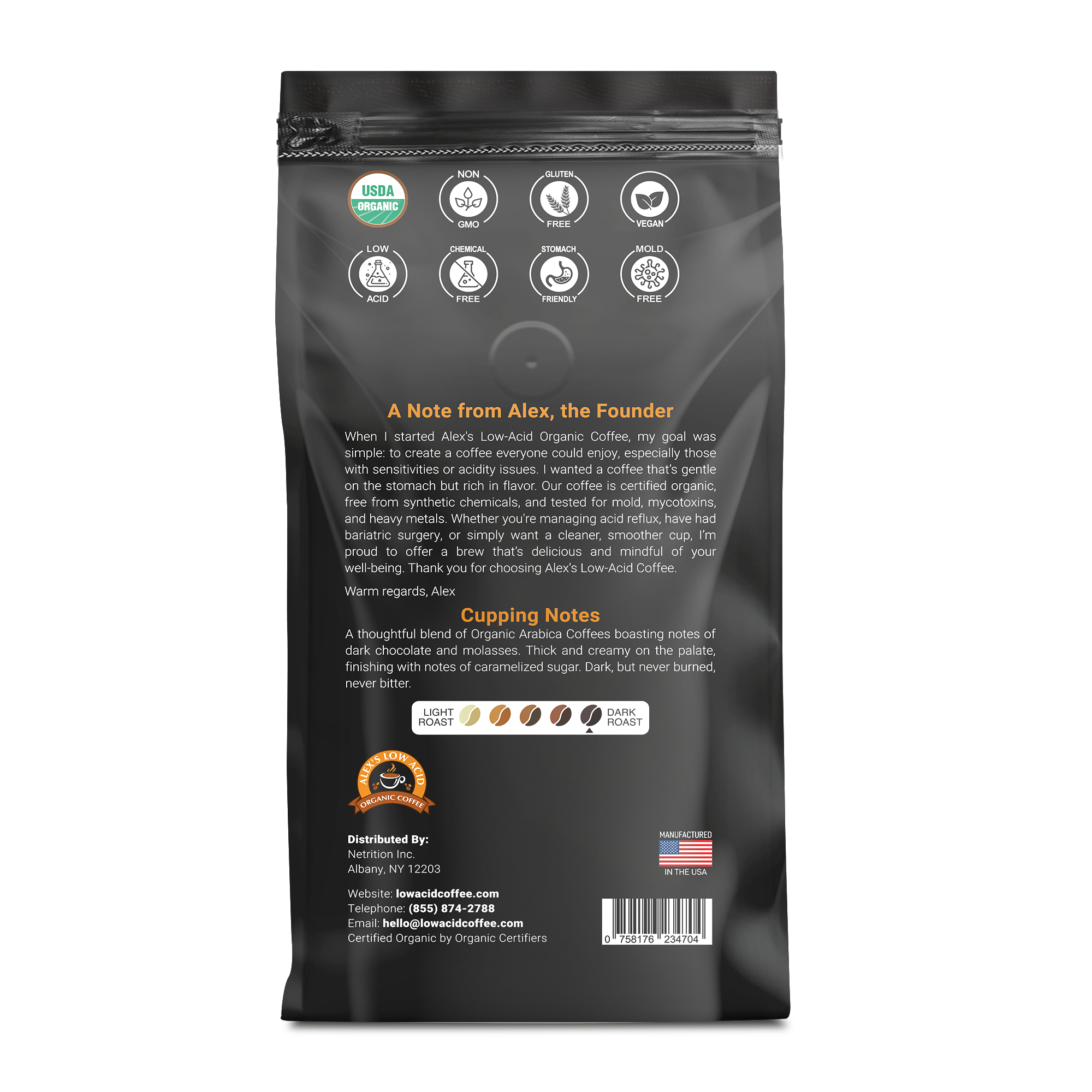 Alex's Low Acid Organic Coffee™ - French Roast Whole Bean (12oz)