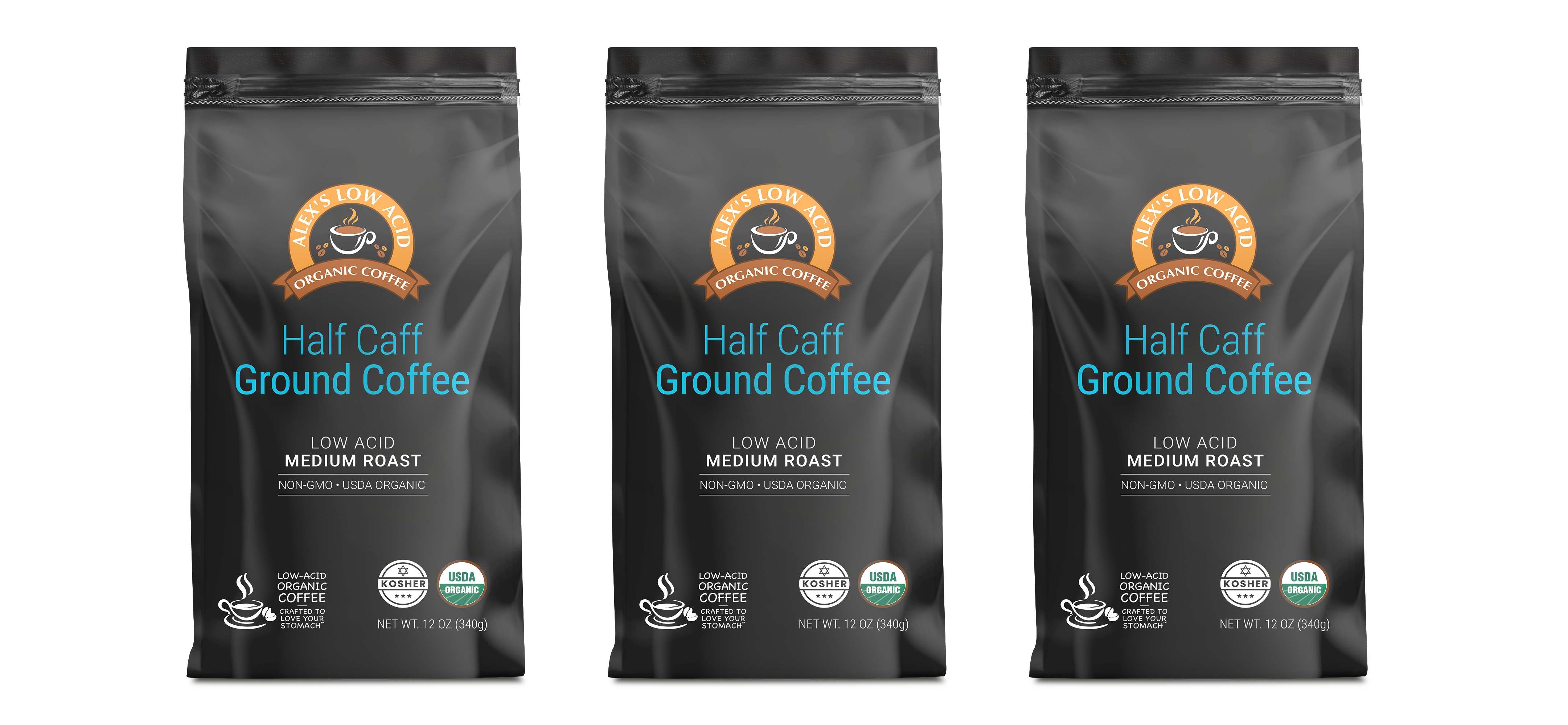 Alex's Low Acid Organic Coffee™ - Half Caff Fresh Ground (12oz)