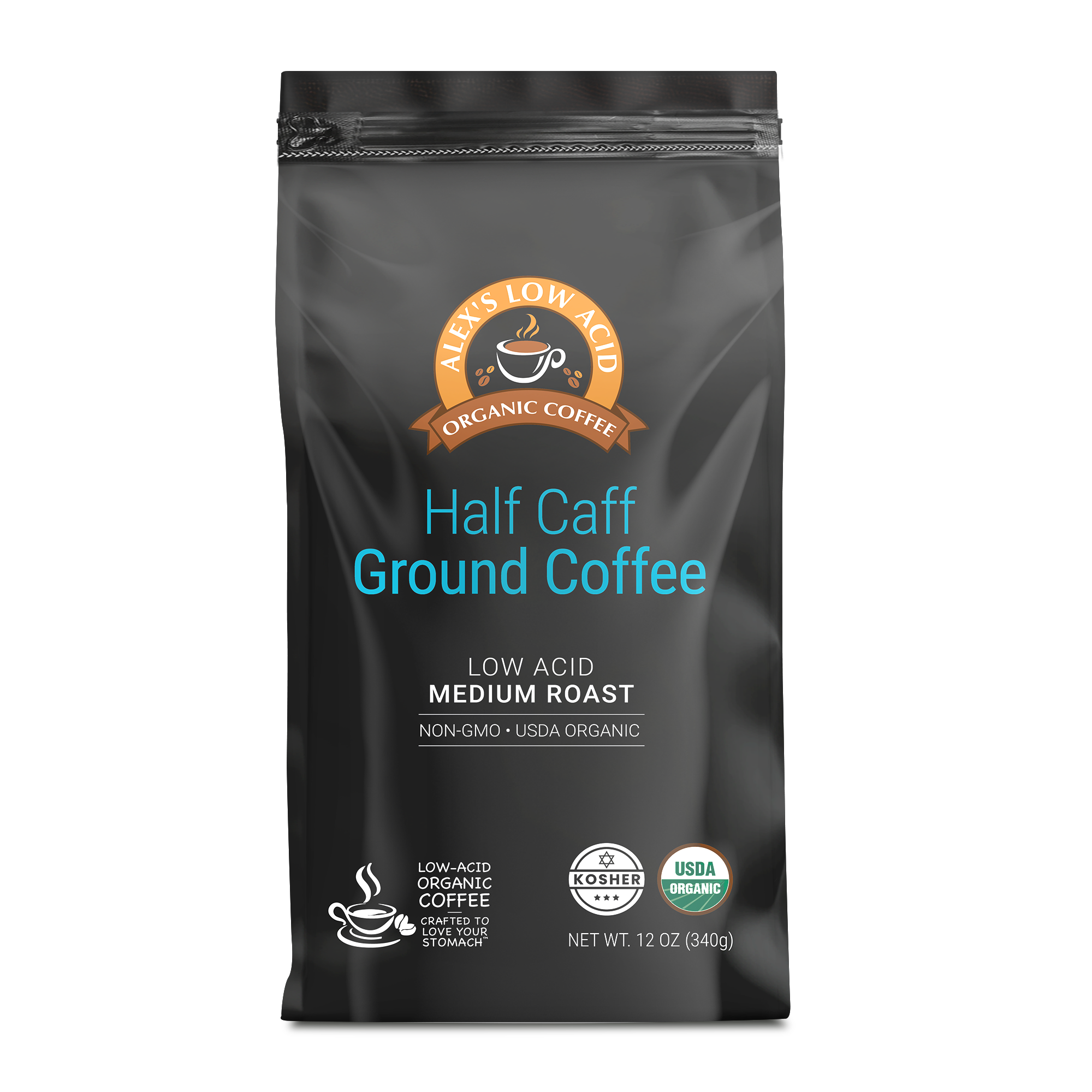 Alex's Low Acid Organic Coffee™ - Half Caff Fresh Ground (12oz)