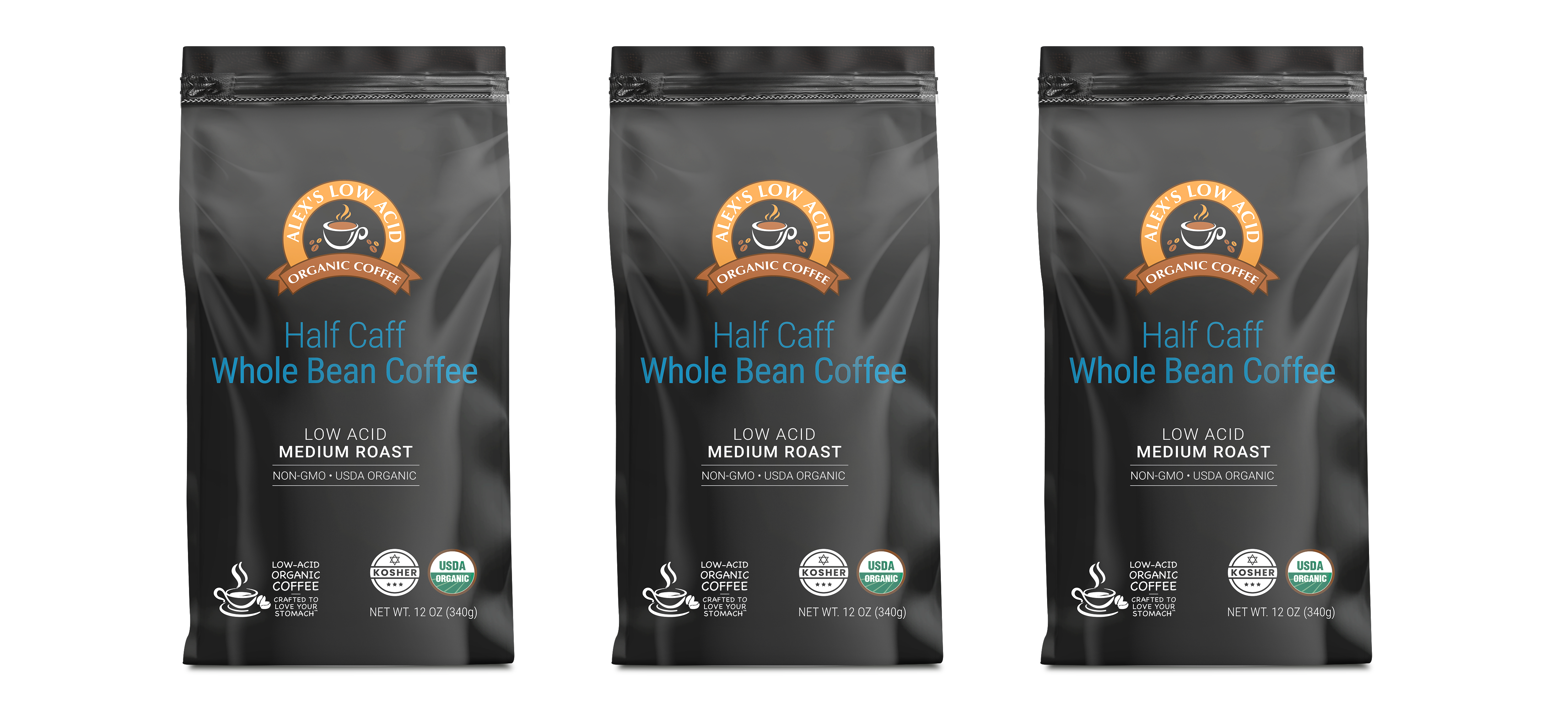 Alex's Low Acid Organic Coffee™ - Half Caff Whole Bean (12oz)