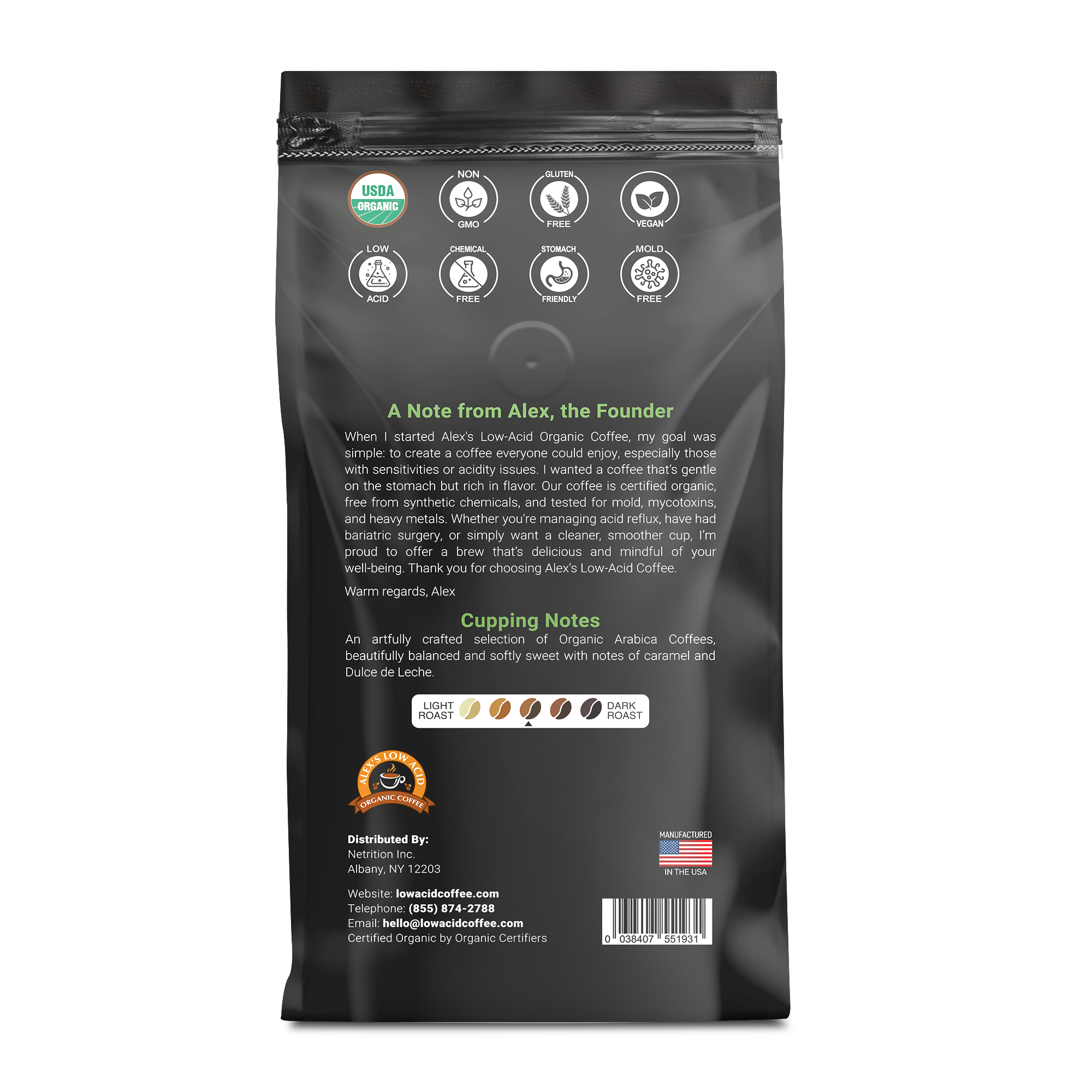 Alex's Low Acid Organic Coffee™ - Rise and Shine Fresh Ground (12oz)