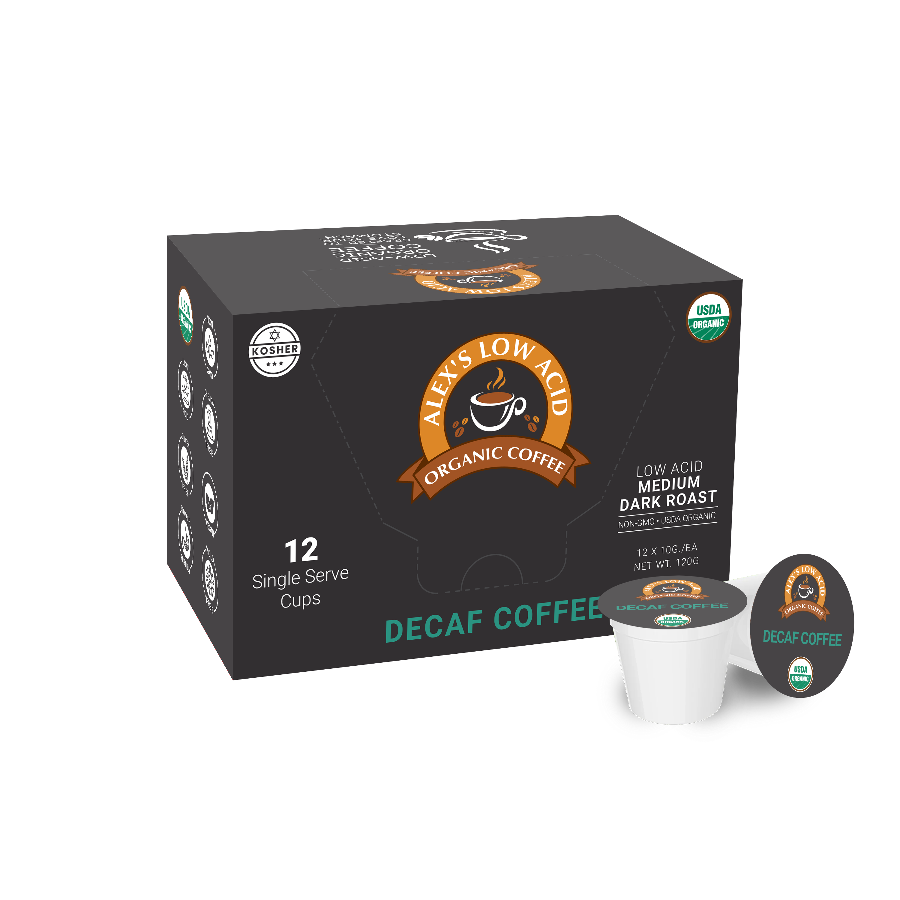 A black box labeled "Alex's Low Acid Organic Coffee" contains 12 single-serve cups of decaf medium dark roast, featuring USDA Organic and Kosher certifications.