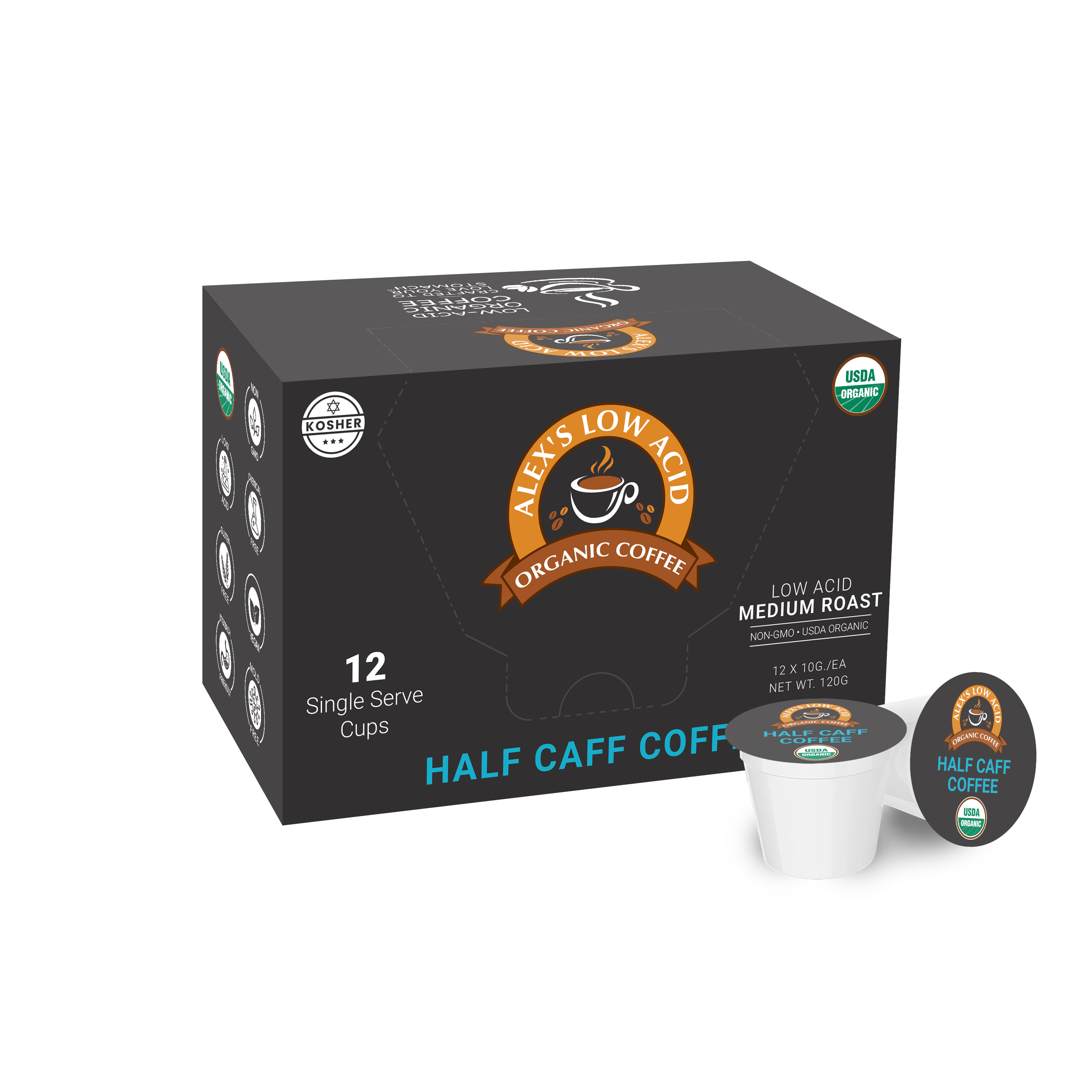 Alex's Low Acid Organic Coffee™ Single Serve Cups - Half Caff