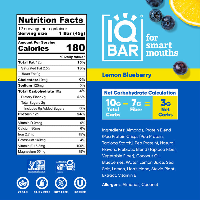 IQBar Vegan and Keto Protein Bars - Lemon Blueberry - High-quality Protein Bars by IQBar at BariatricPal Store