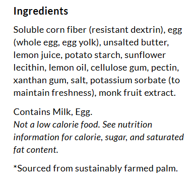 A list of ingredients for a food product, including soluble corn fiber, eggs, unsalted butter, and various additives, with notes on allergens and nutritional information.