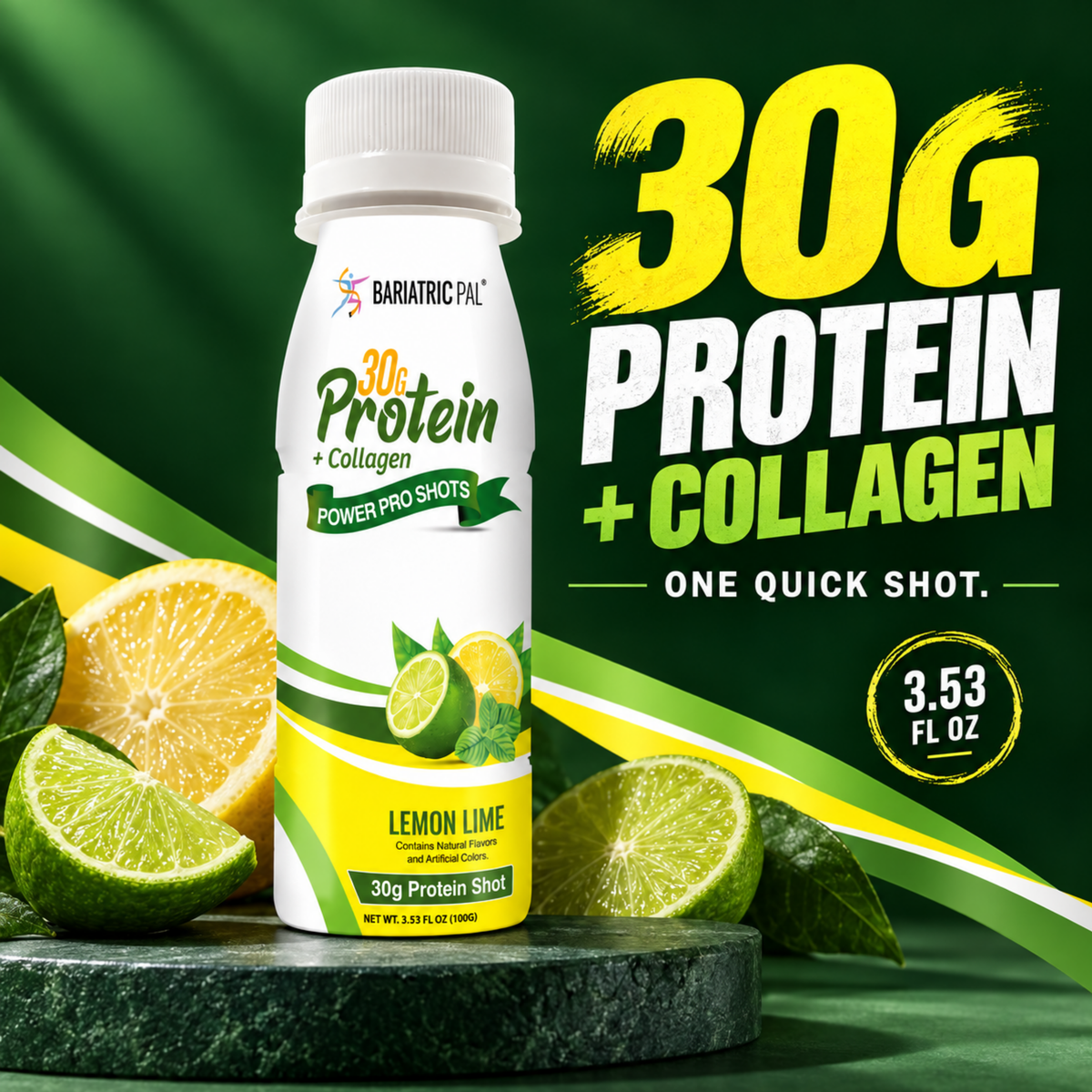 BariatricPal Lemon Lime Power Pro Shot with 30 grams of protein plus collagen in a 3.53-fluid-ounce serving.