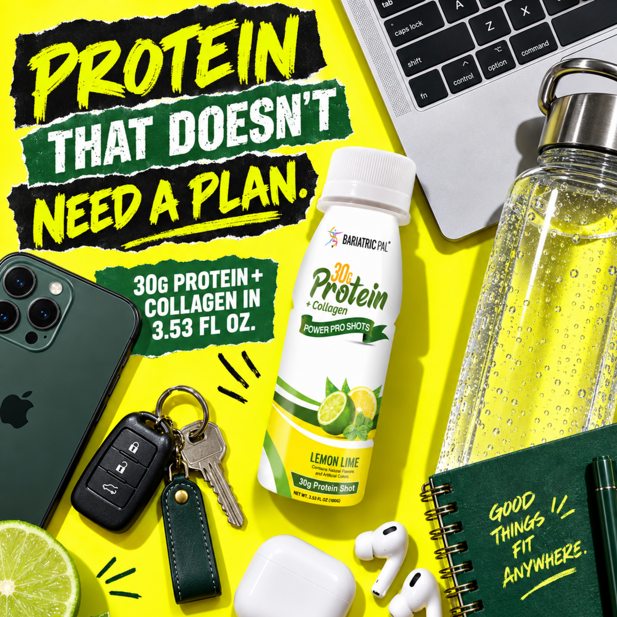 BariatricPal Lemon Lime Power Pro Shot with 30 grams of protein plus collagen in a 3.53-fluid-ounce serving.