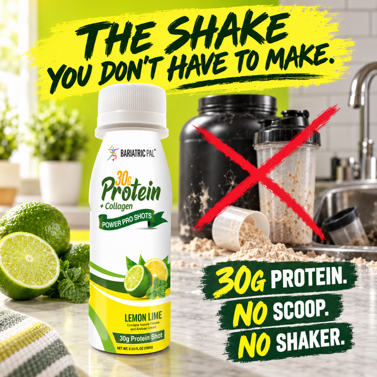 BariatricPal Lemon Lime Power Pro Shot with 30 grams of protein plus collagen in a 3.53-fluid-ounce serving.