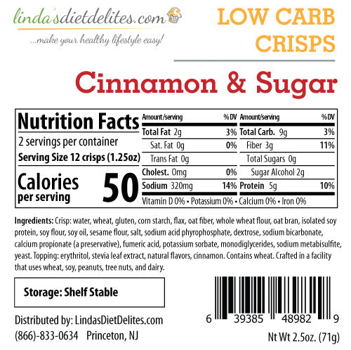 A product label for "Low Carb Crisps" in Cinnamon & Sugar flavor, featuring nutrition facts, ingredients, and storage instructions, displayed on a white background.