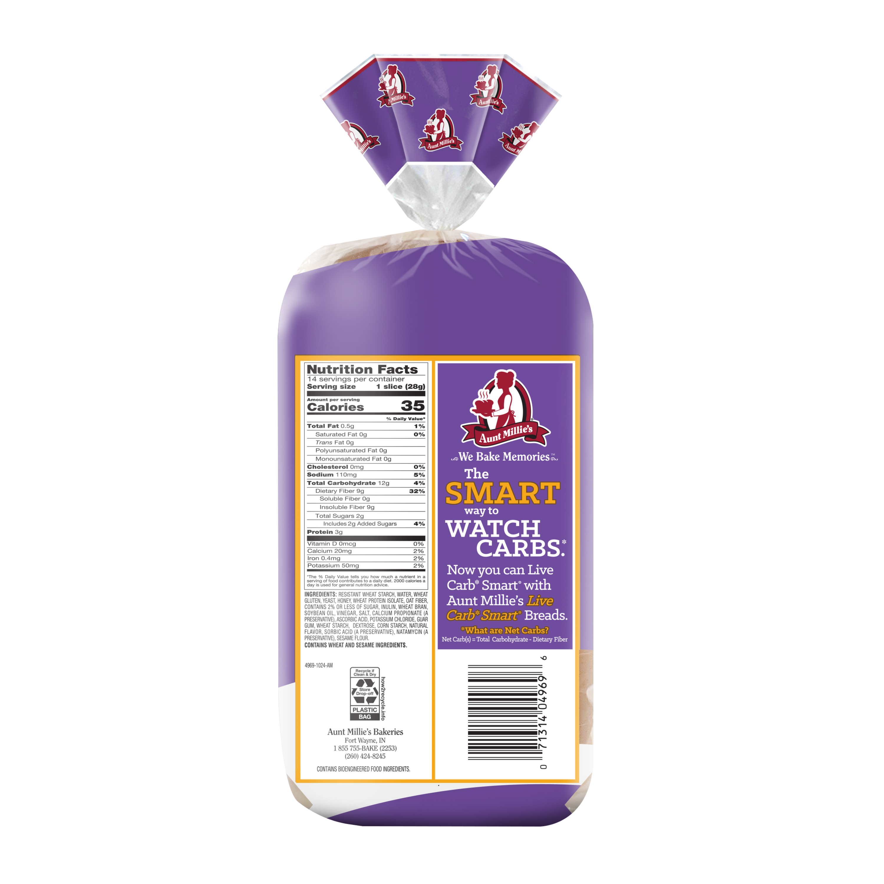 A loaf of bread in a clear plastic bag with a purple wrapper and a large front label. The wrapper has a purple top fold with the Aunt Millie logo, and the label reads 'The SMART way to WATCH CARBS' with the Aunt Millie logo.