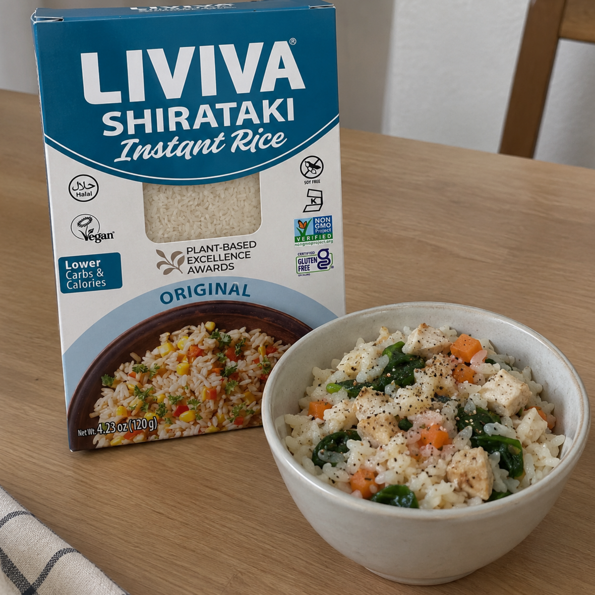 LIVIVA Original Shirataki Instant Rice, a lower-carb, lower-calorie rice alternative that is vegan, gluten-free, soy-free and non-GMO.