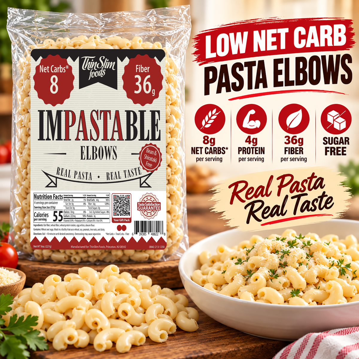Impastable Elbow Pasta with 4g of protein and 55 calories.
