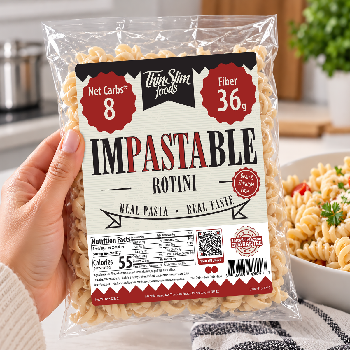 ThinSlim Foods Impastable Low Carb Rotini with 4 grams of protein.