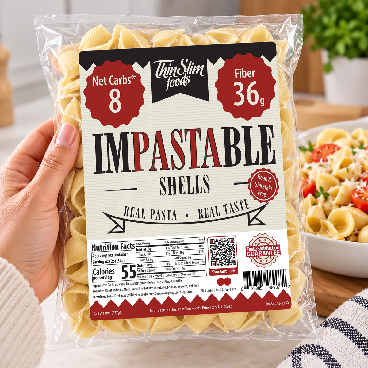 ThinSlim Foods Impastable Low Carb Pasta Shells with 4 grams of protein.