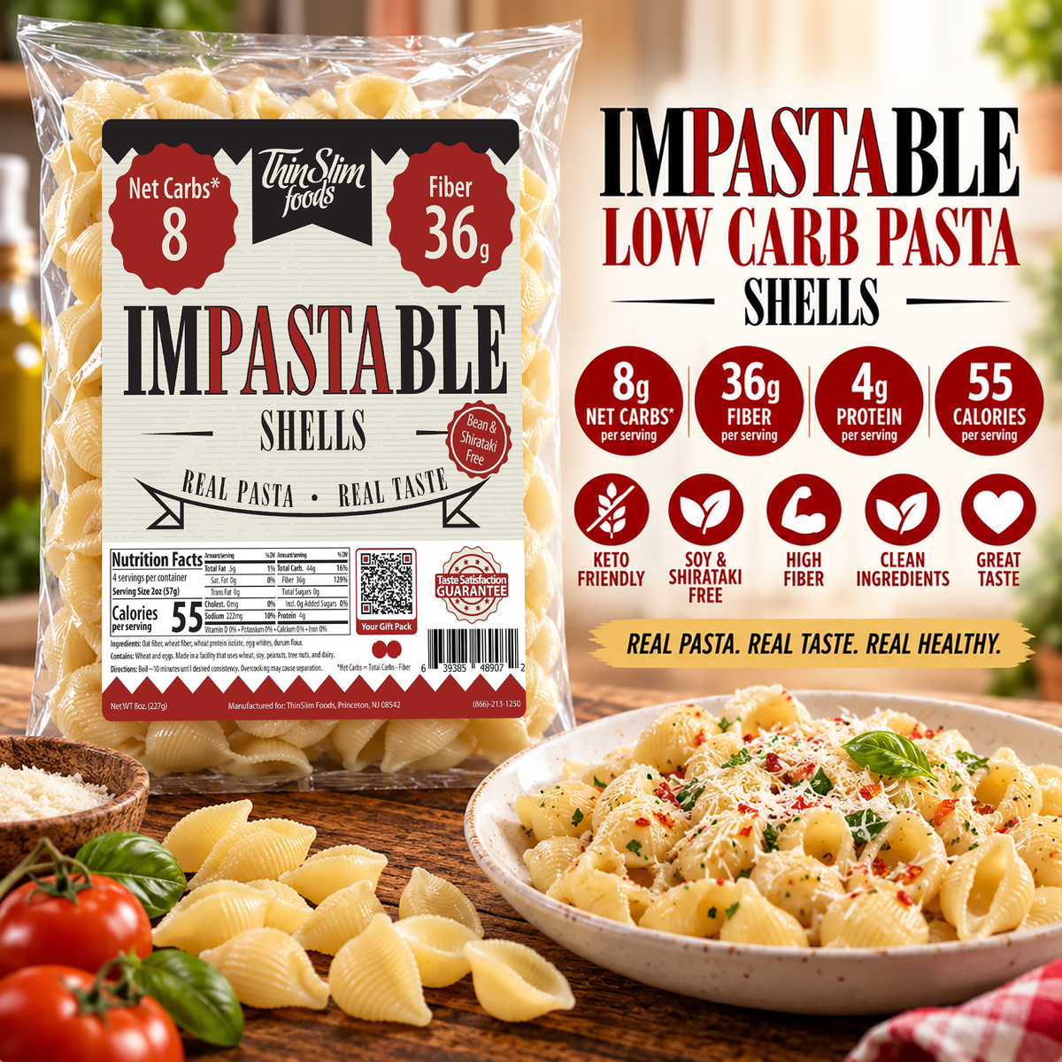 ThinSlim Foods Impastable Low Carb Pasta Shells with 4 grams of protein.