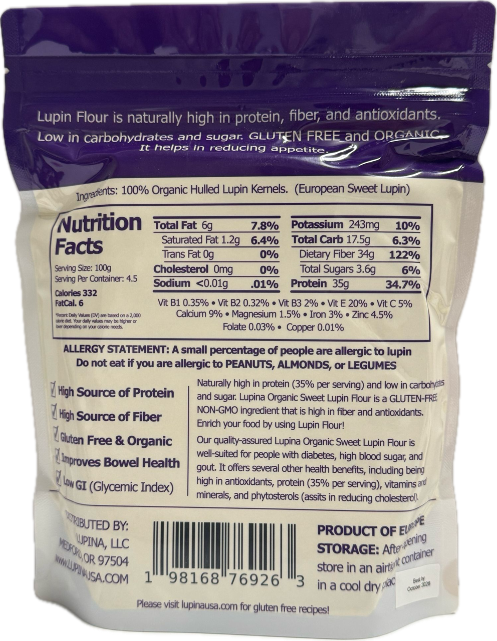 Lupina Organic Lupin Flour 1 lb.