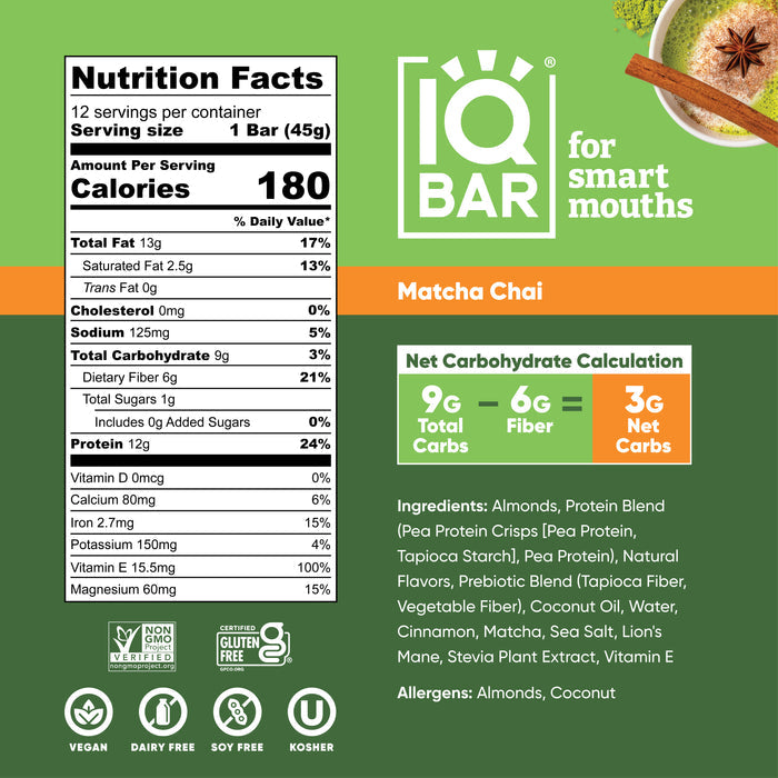 IQBar Vegan and Keto Protein Bars - Matcha Chai - High-quality Protein Bars by IQBar at BariatricPal Store