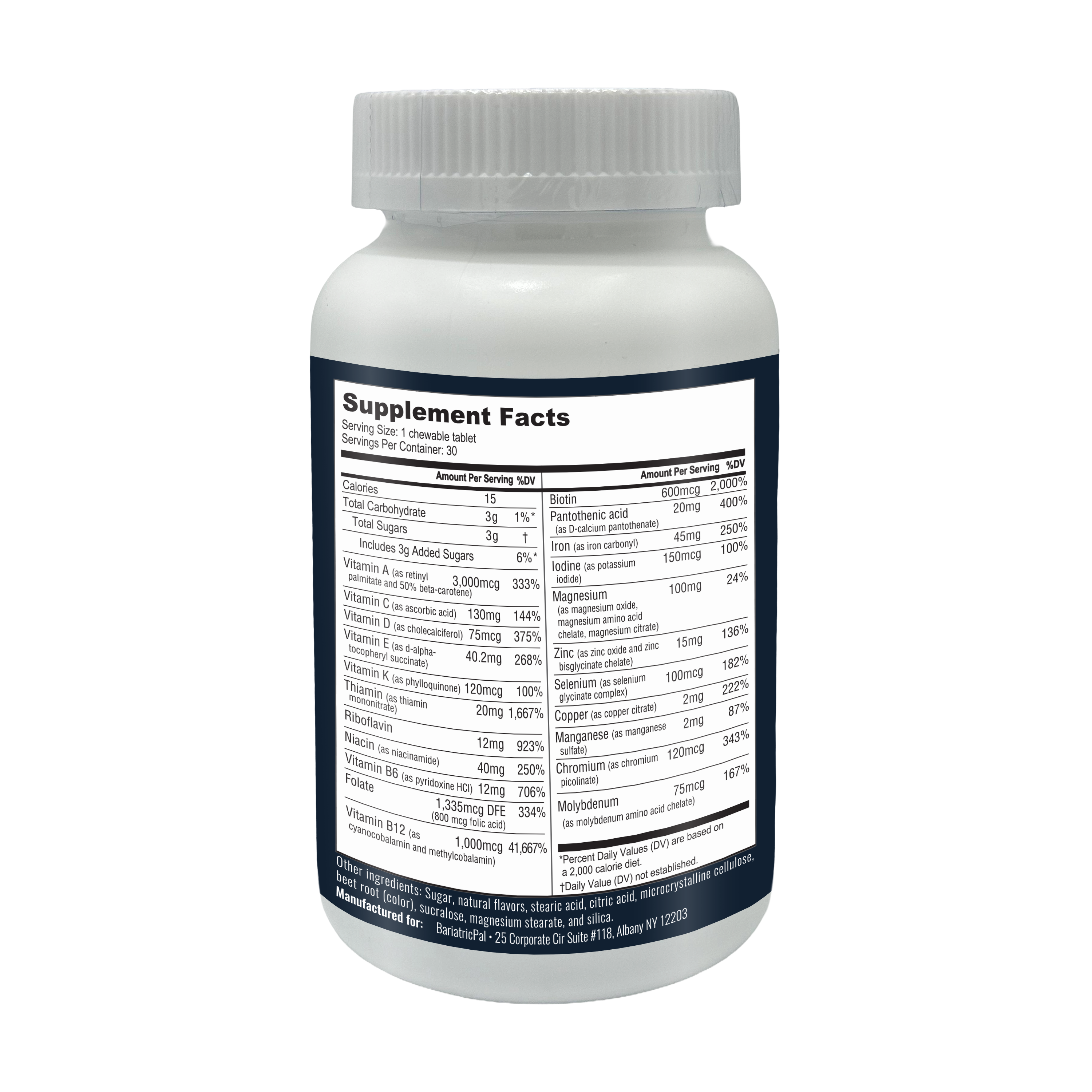 A white supplement bottle displays a detailed nutrition label, listing serving size, ingredients, and nutritional values for a chewable tablet product.