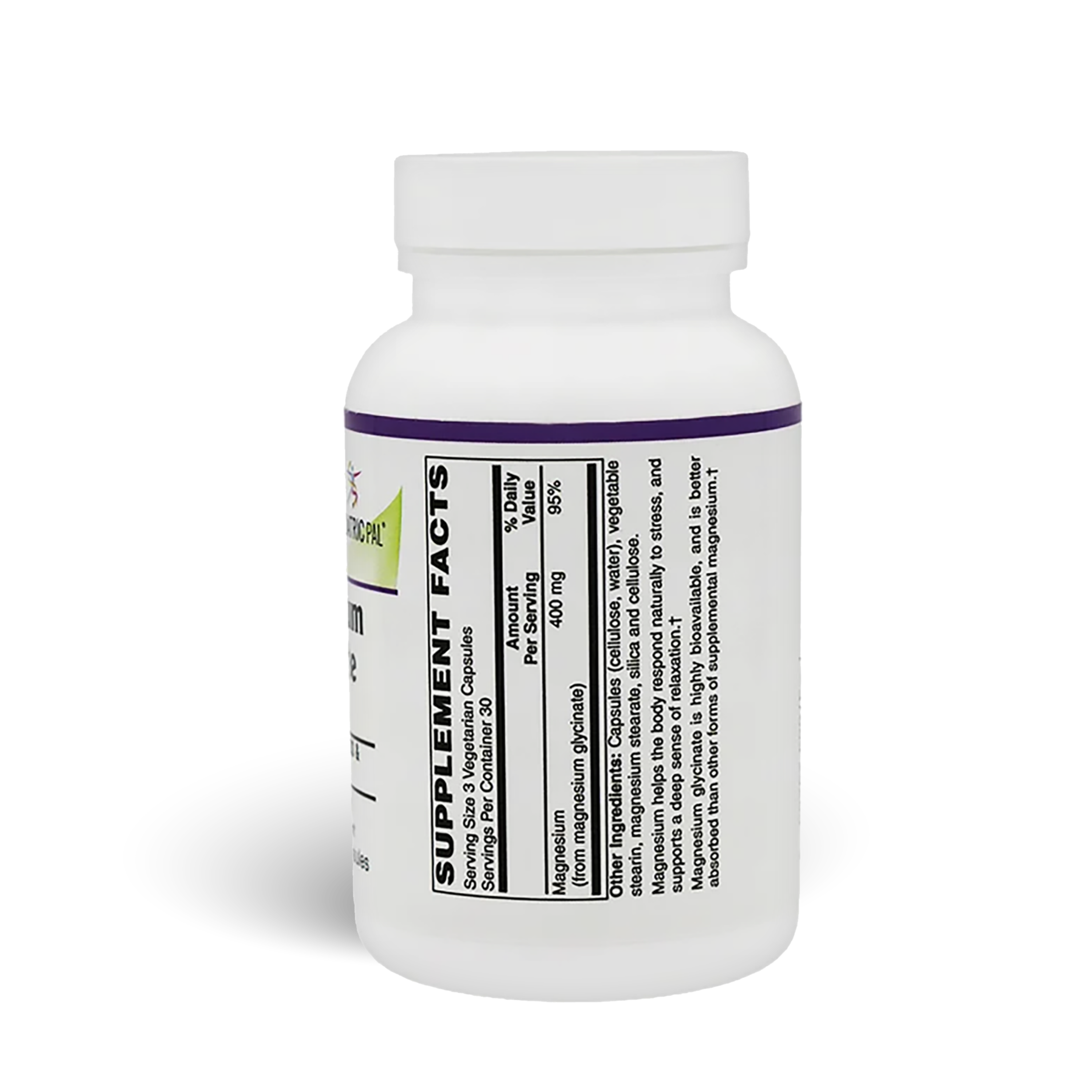 Bottle of BariatricPal Magnesium Glycinate 400 mg, formulated to support calmness and relaxation - supplement facts.