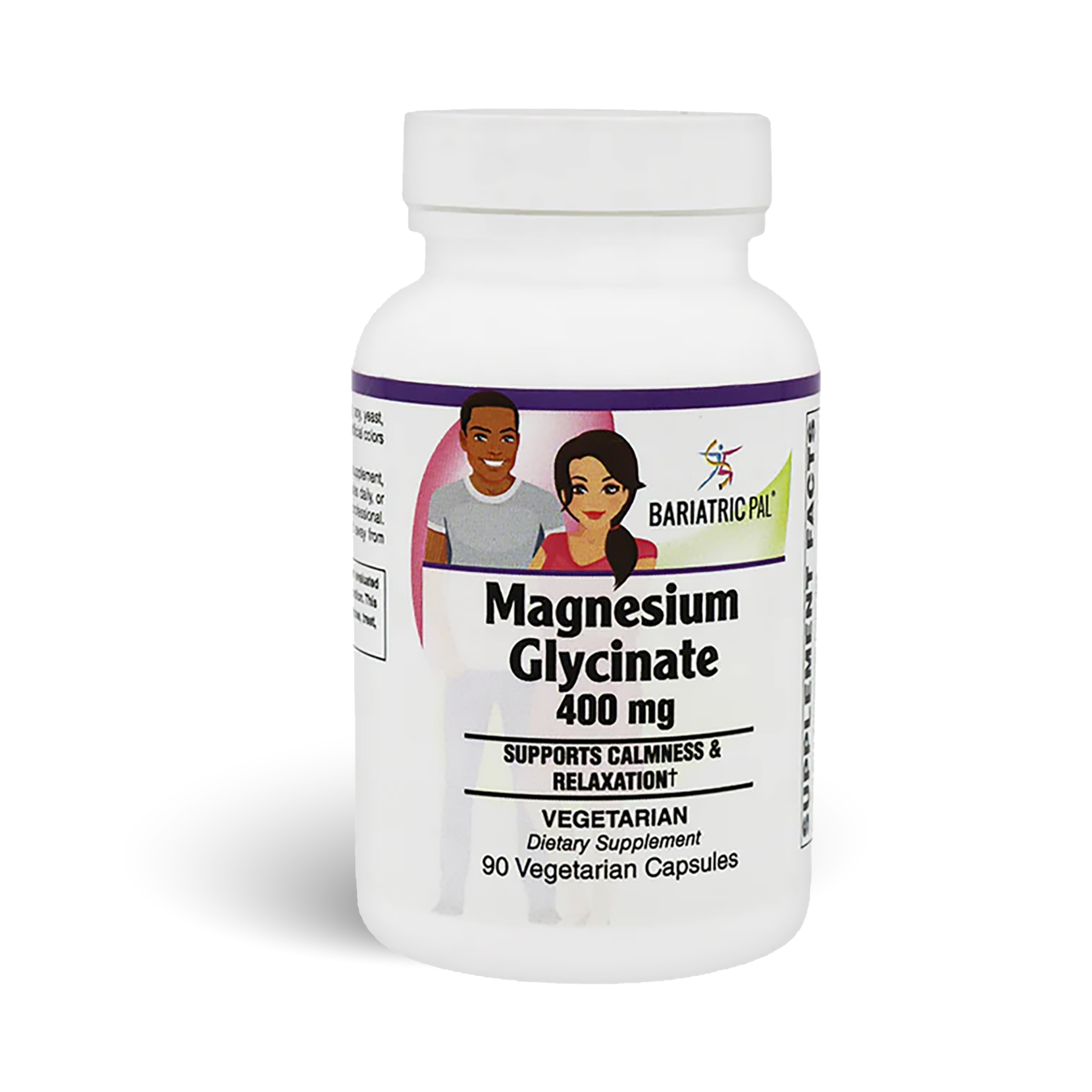 Bottle of BariatricPal Magnesium Glycinate 400 mg, formulated to support calmness and relaxation. Contains 90 vegetarian capsules.