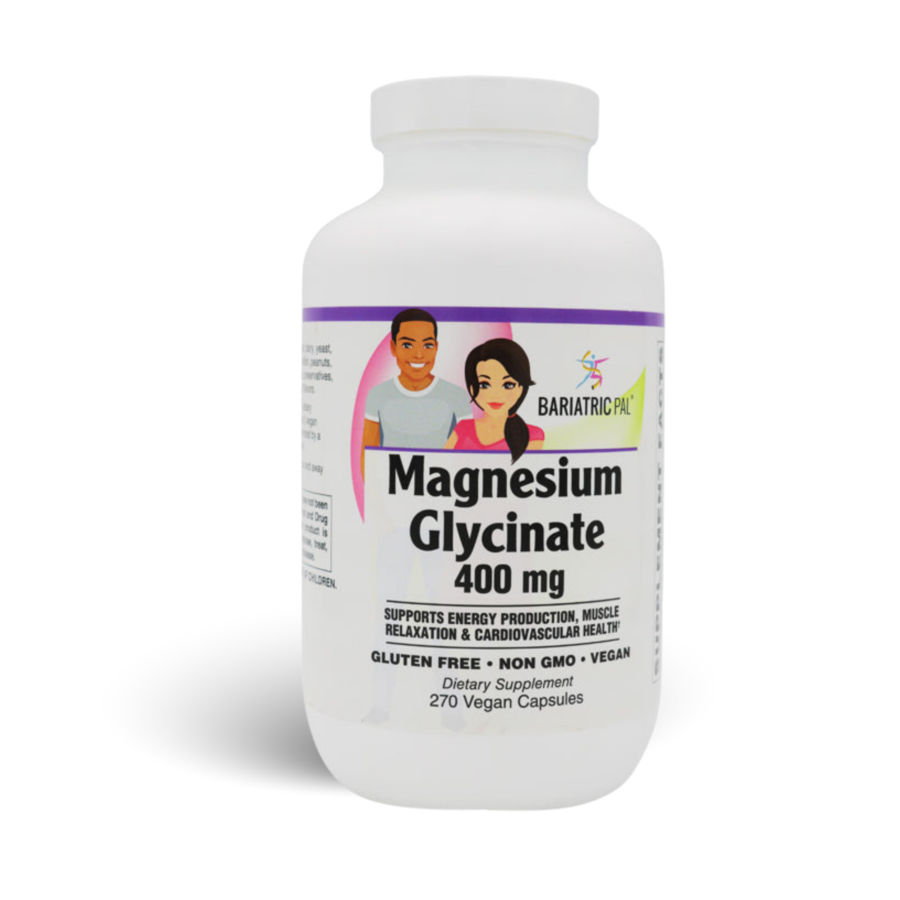 Bottle of BariatricPal Magnesium Glycinate 400 mg, formulated to support calmness and relaxation. Contains 270 vegetarian capsules.