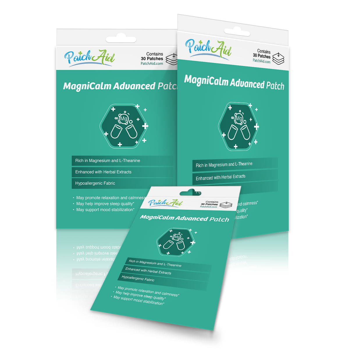 Three packages of MagniCalm Advanced Patches are displayed, featuring a teal background with information about their ingredients, benefits, and hypoallergenic fabric.