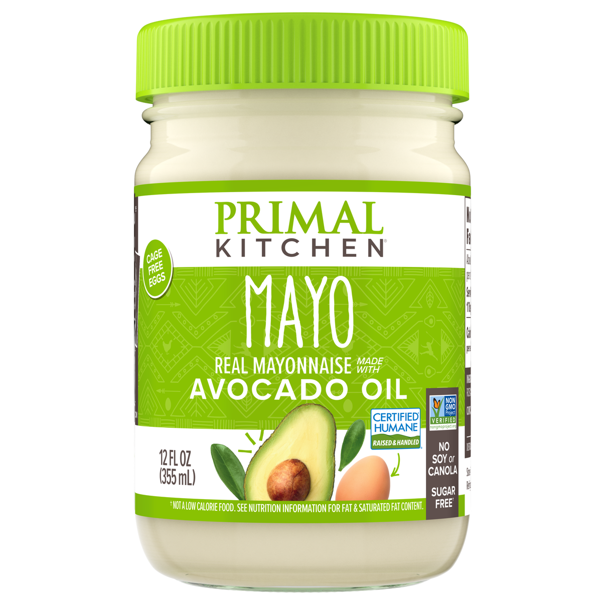 A jar of Primal Kitchen mayonnaise made with avocado oil features a bright green lid and label, highlighting its ingredients and certifications, with an image of an avocado on the front.
