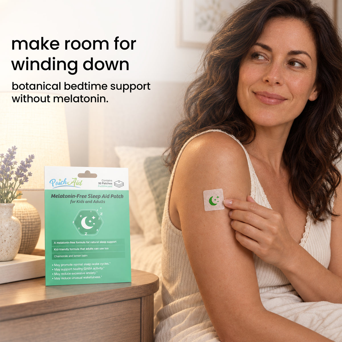 PatchAid Melatonin-Free Sleep Aid Patch for kids and adults with chamomile and lemon balm for natural sleep support.