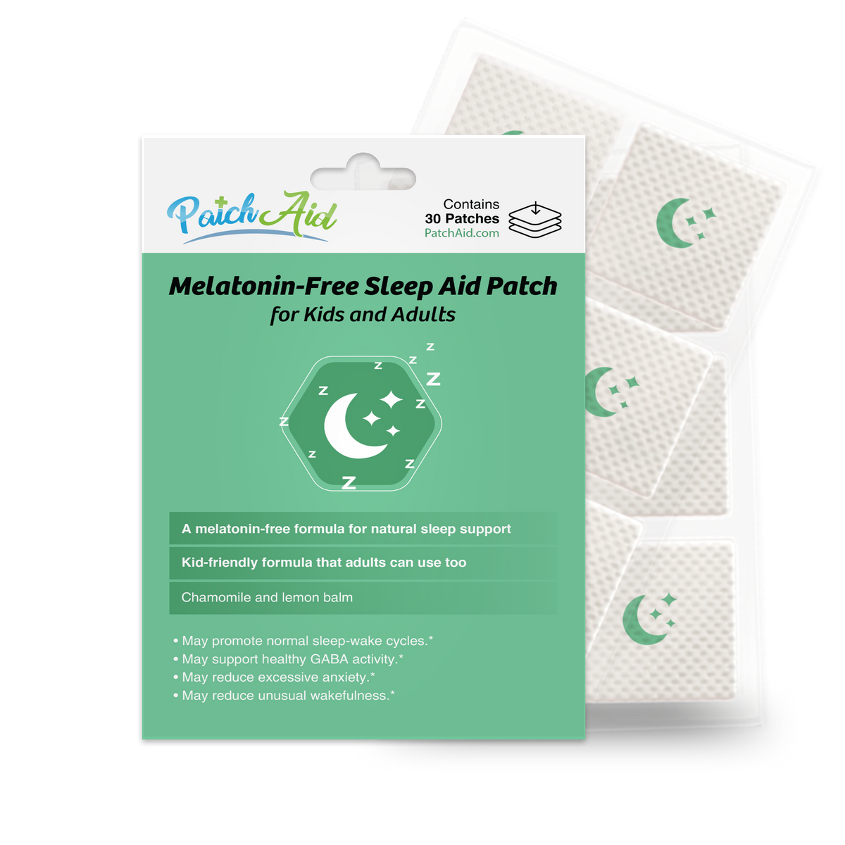 PatchAid Melatonin-Free Sleep Aid Patch for kids and adults with chamomile and lemon balm for natural sleep support. Contains 30 patches.
