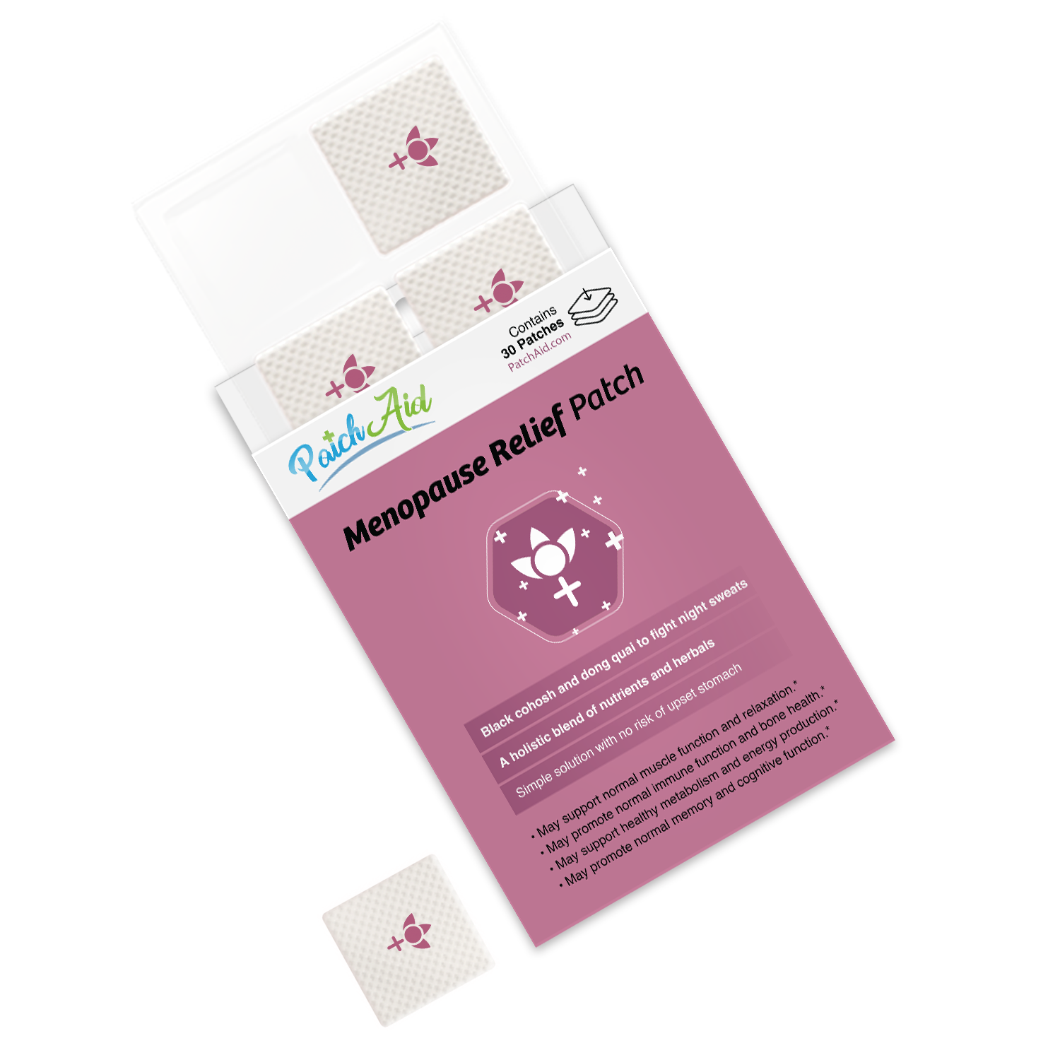 A package of menopause relief patches is displayed, featuring a pink design with a feminine symbol, highlighting benefits like reducing hot flashes and supporting overall health.