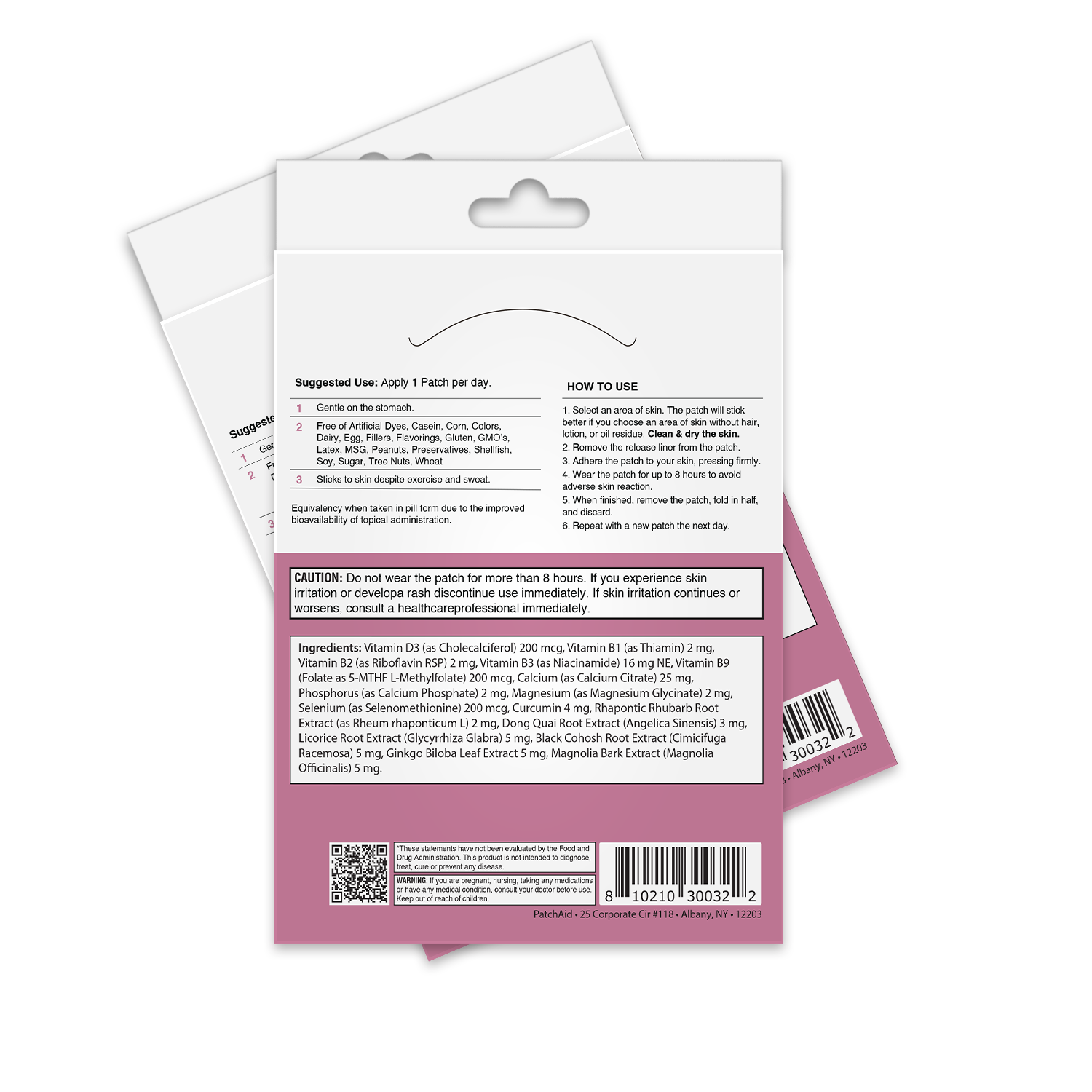 A product packaging for a skin patch, displaying usage instructions, ingredient list, and cautionary notes, with a focus on vitamins and herbal extracts for skin health.