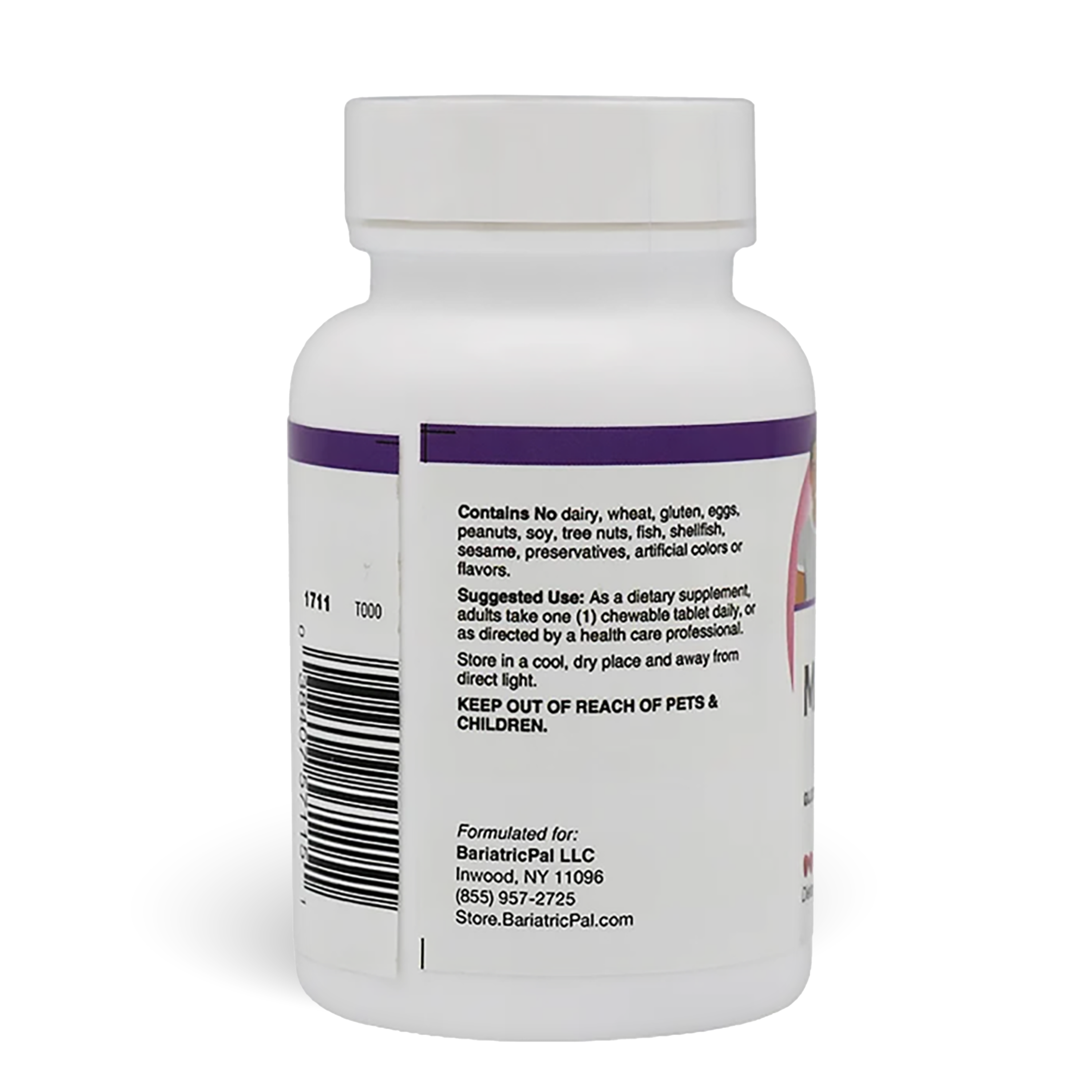 Back view of Coenzymated 5,000mcg Methyl B-12 (60) Chewable Tablets by BariatricPal showing product ingredients, usage suggestions, and a barcode.