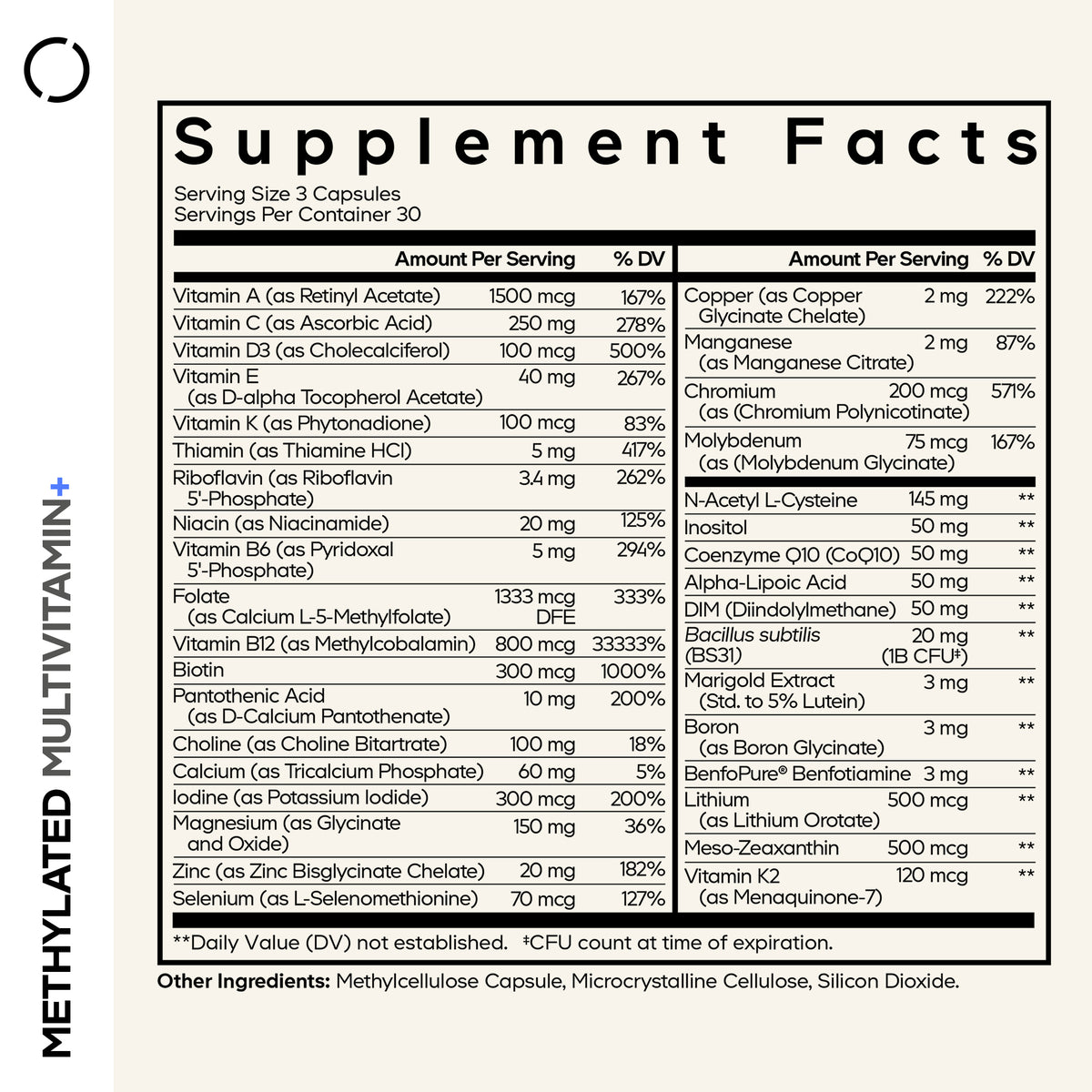 A detailed supplement facts label lists various vitamins and minerals with their amounts per serving, including Vitamin A, C, D, and others, along with their daily value percentages and additional ingredients.