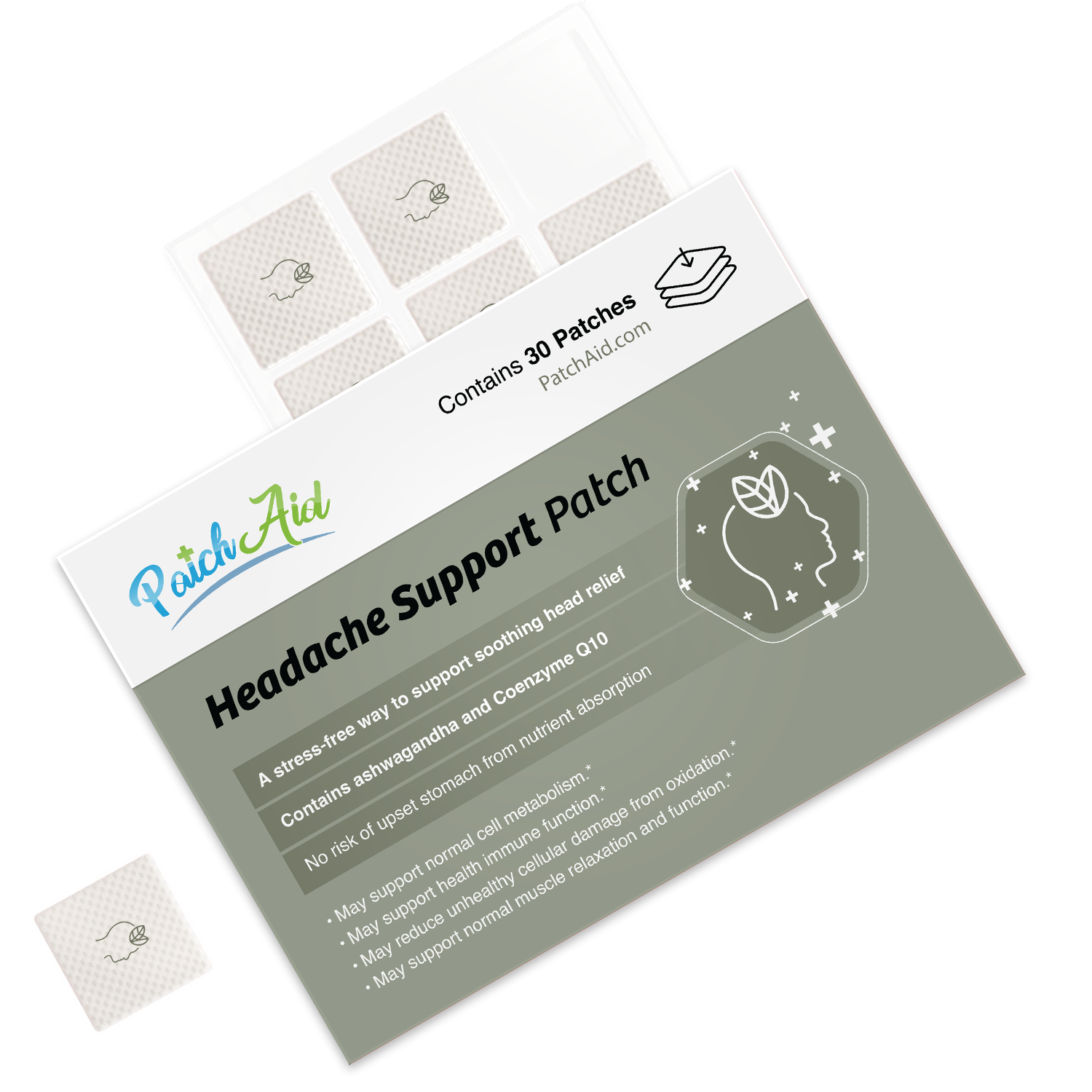 A green package labeled "Headache Support Patch" displays information about its benefits and ingredients, with a clear illustration of a head and patches visible in the background.
