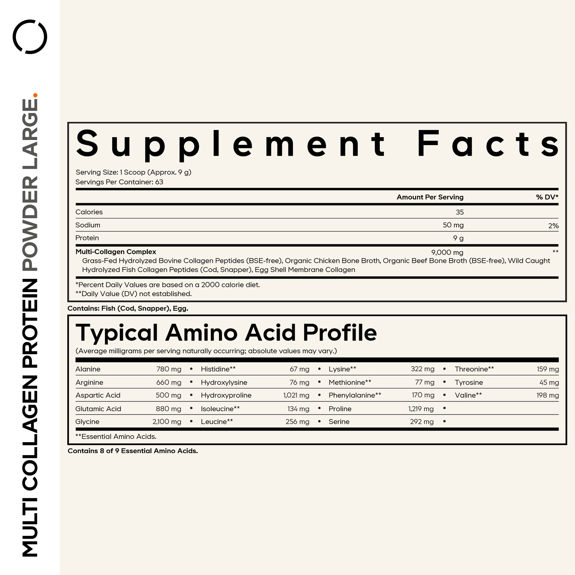 A detailed supplement facts label for multi-collagen protein powder, listing serving size, calories, sodium, protein content, and a typical amino acid profile with various measurements per serving.